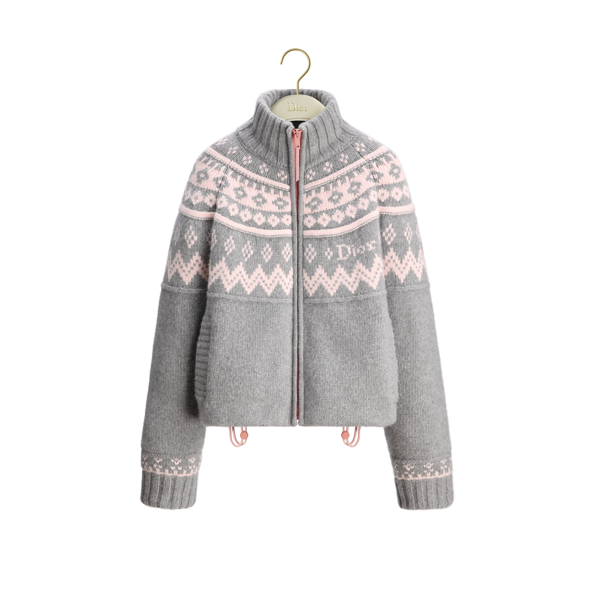 DiorAlps Down Jacket Gray Quilted Wool Knit with Pink Fair Isle Motif E01