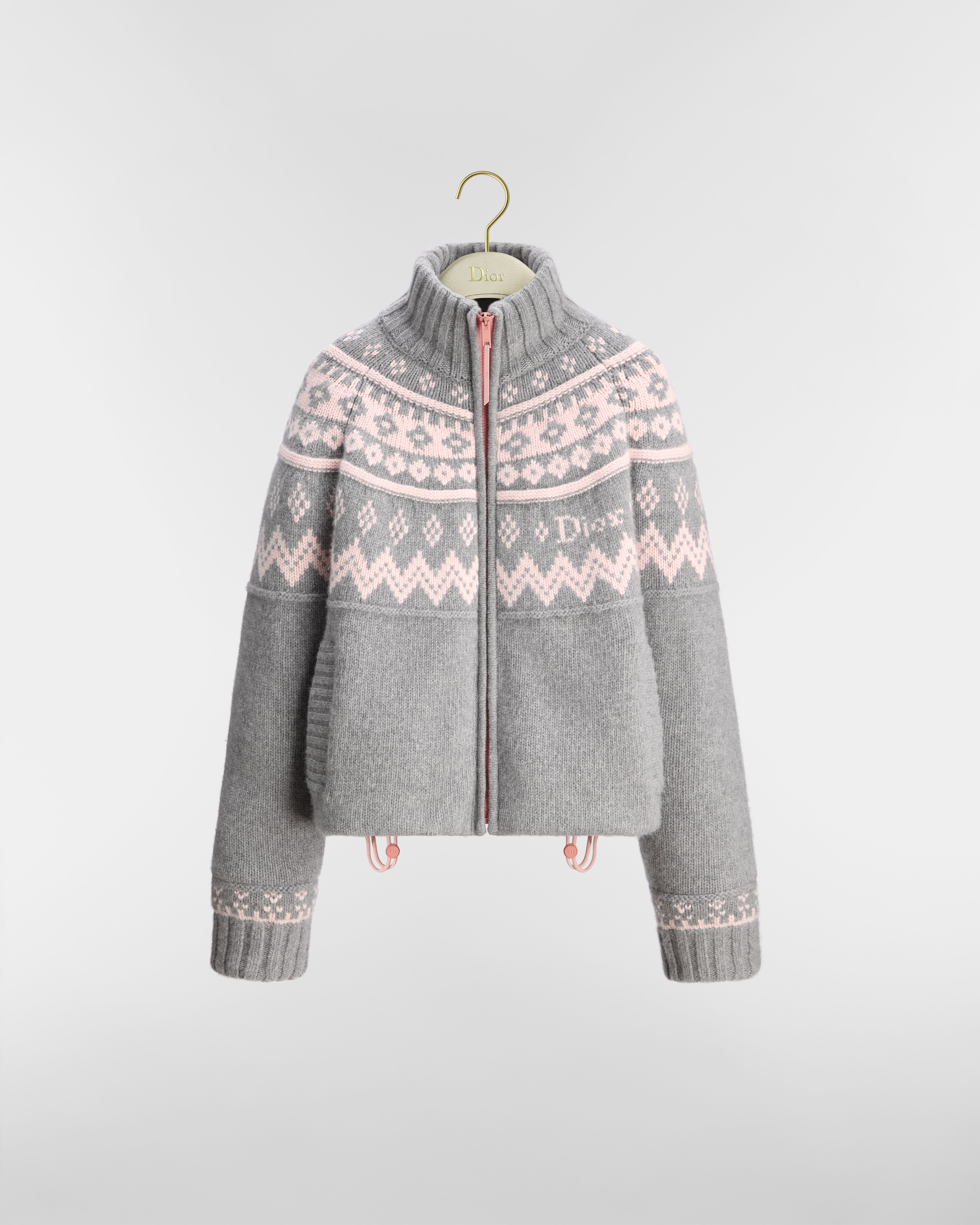 Doudoune DiorAlps Maille de laine matelassée grise à motif Fair Isle rose E01