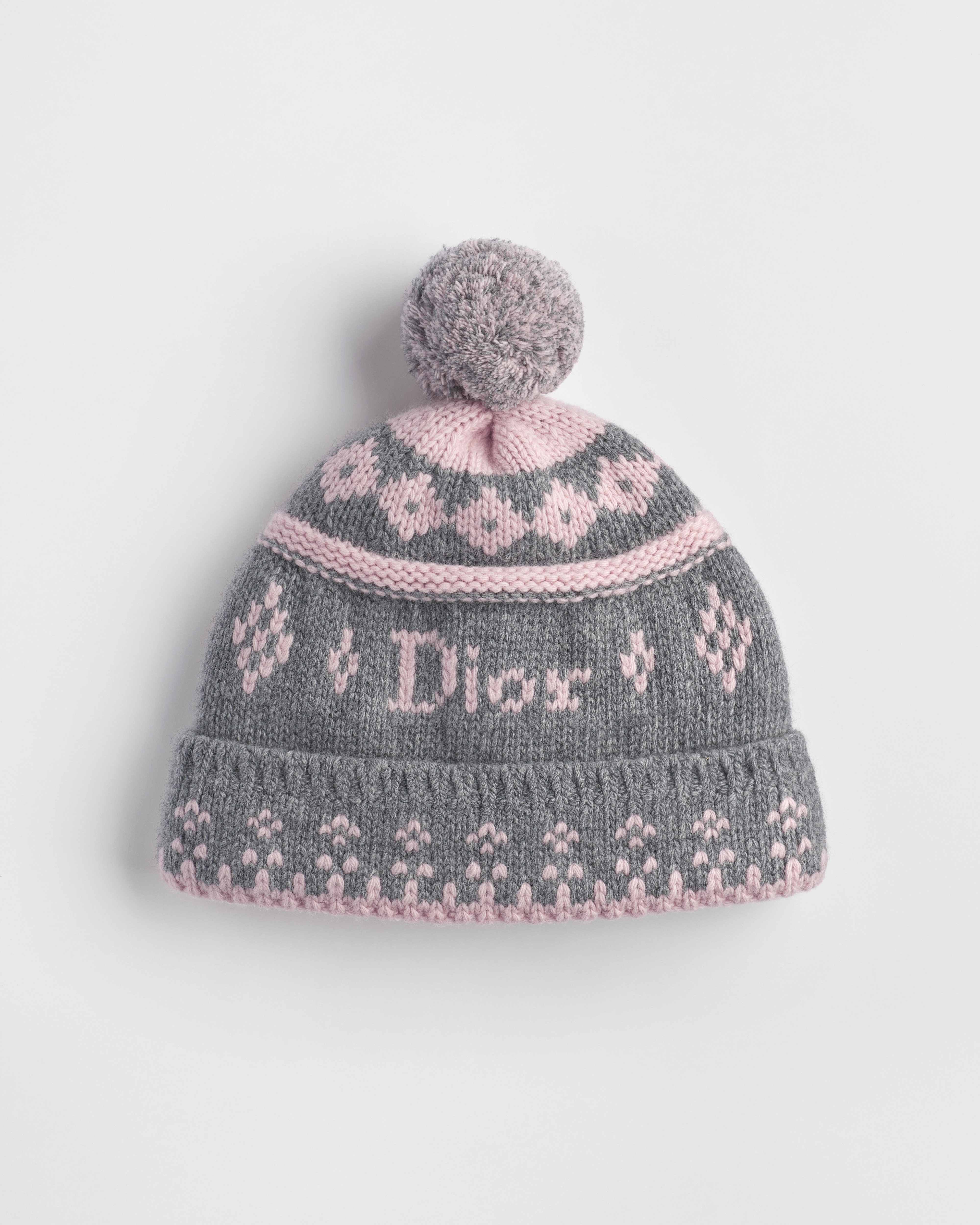 Bonnet Dior Snowflake DiorAlps Maille de laine et cachemire gris et roses E01
