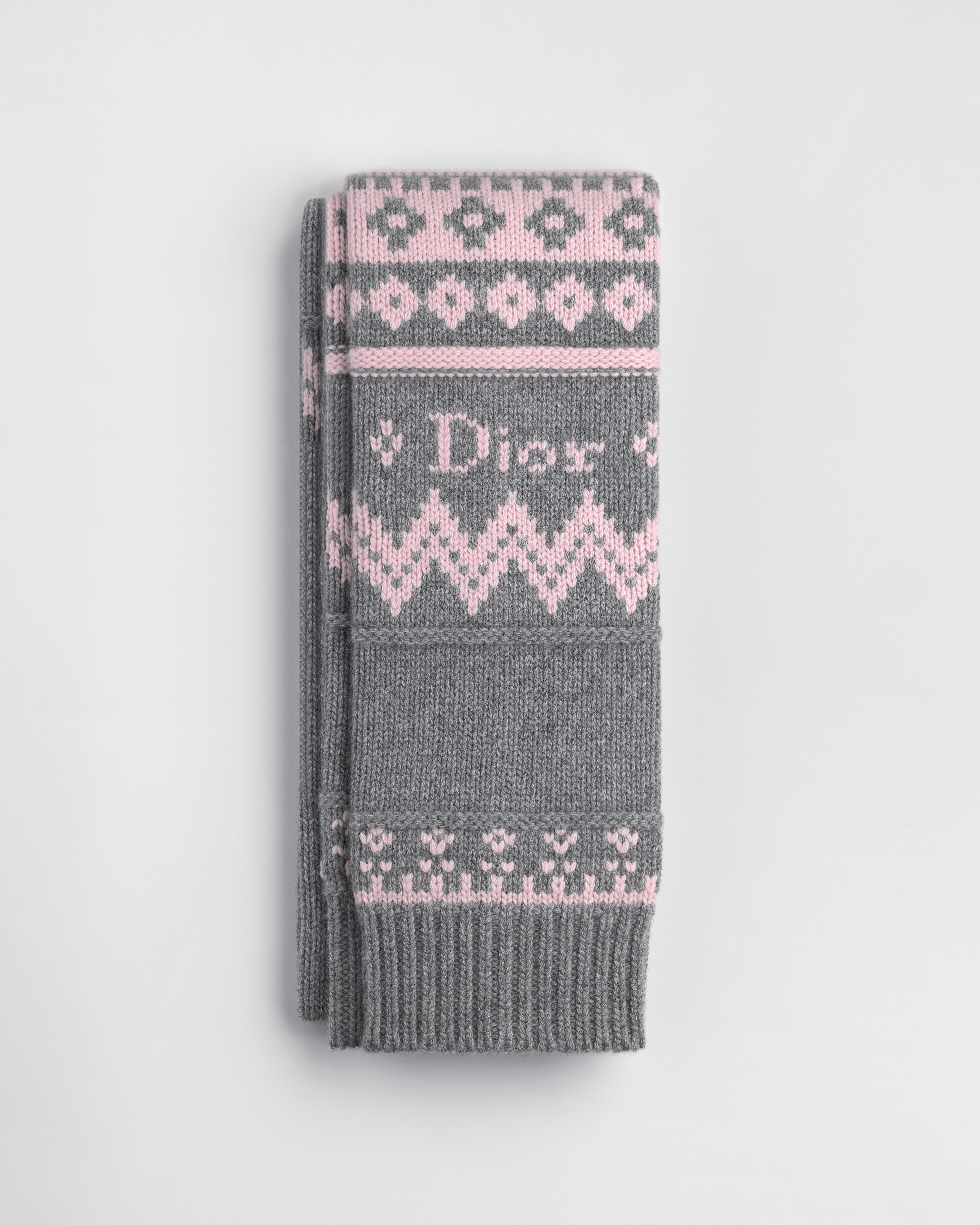 Écharpe portée épaules Dior Snowflake DiorAlps Maille de laine et cachemire gris et roses E01