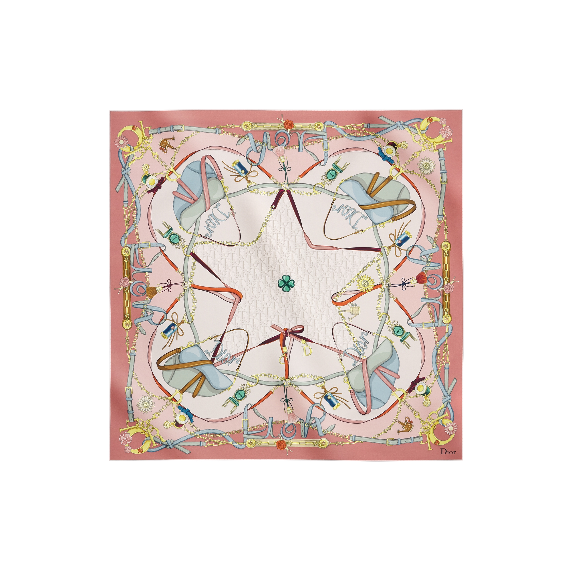 Dior Saddle Charms 90 Square Scarf Pink and Yellow Silk Twill E01