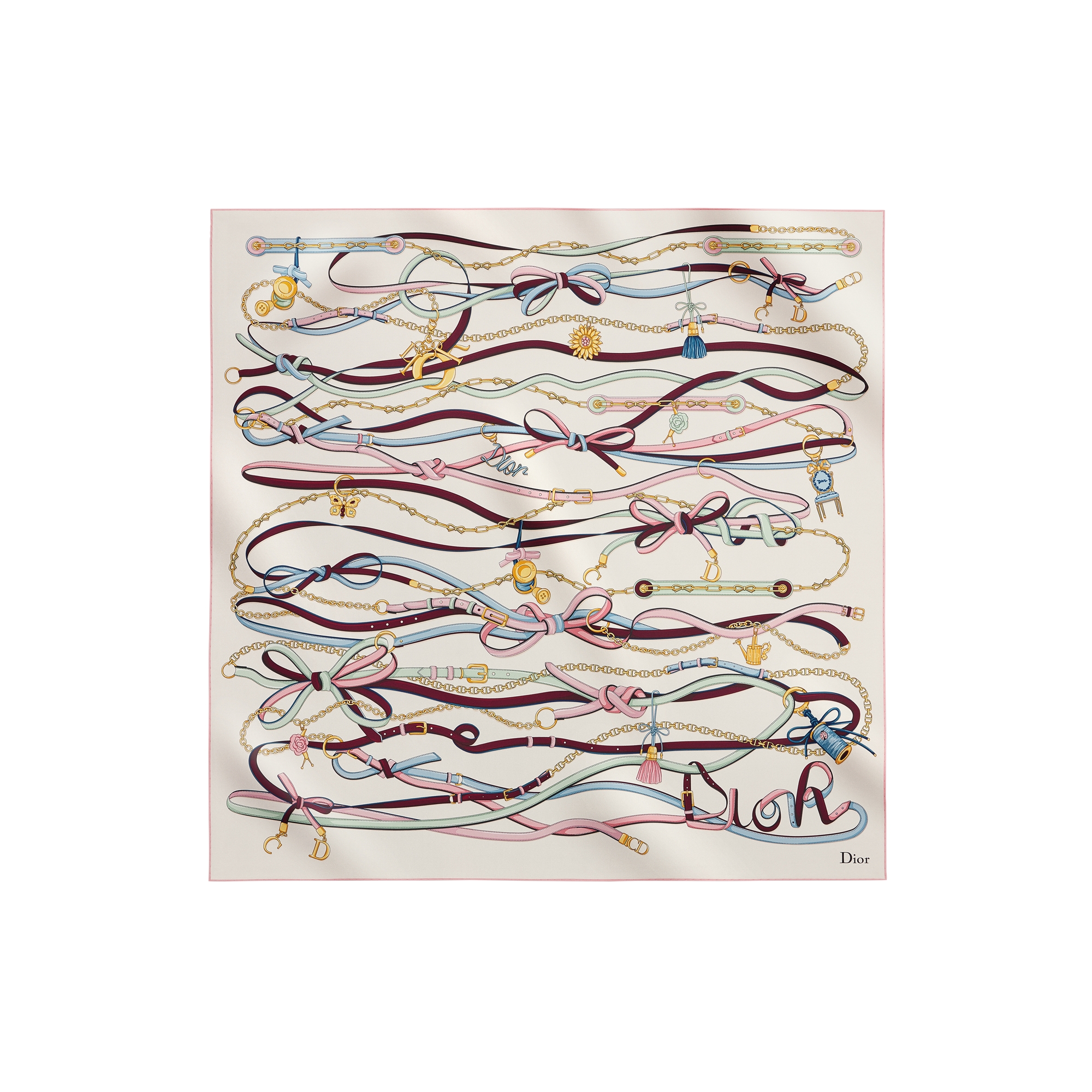 Dior Saddle Charms 90 Square Scarf Pink Multicolor Silk Twill E01