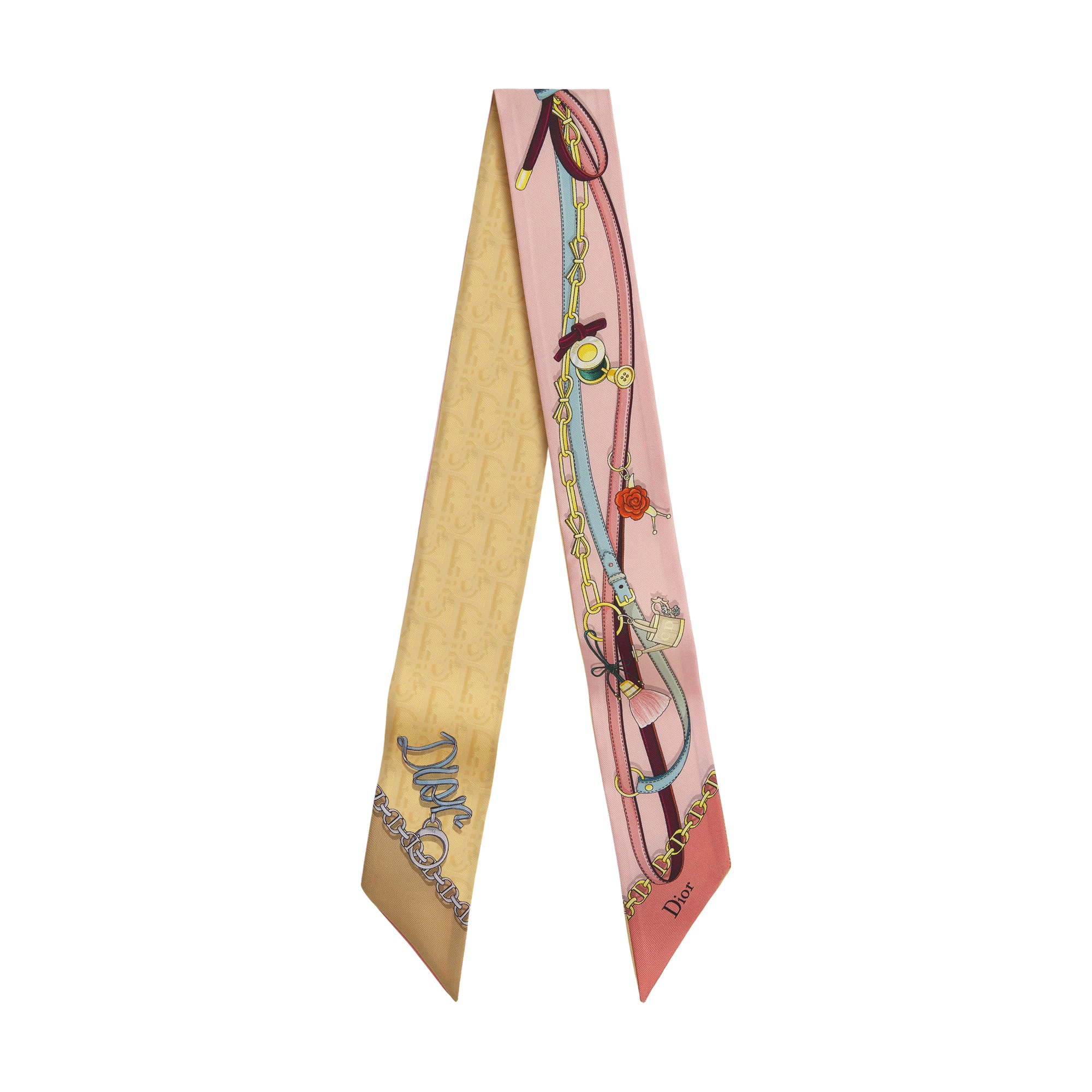Dior Saddle Charms Mitzah Scarf Pink and Yellow Silk Twill E01