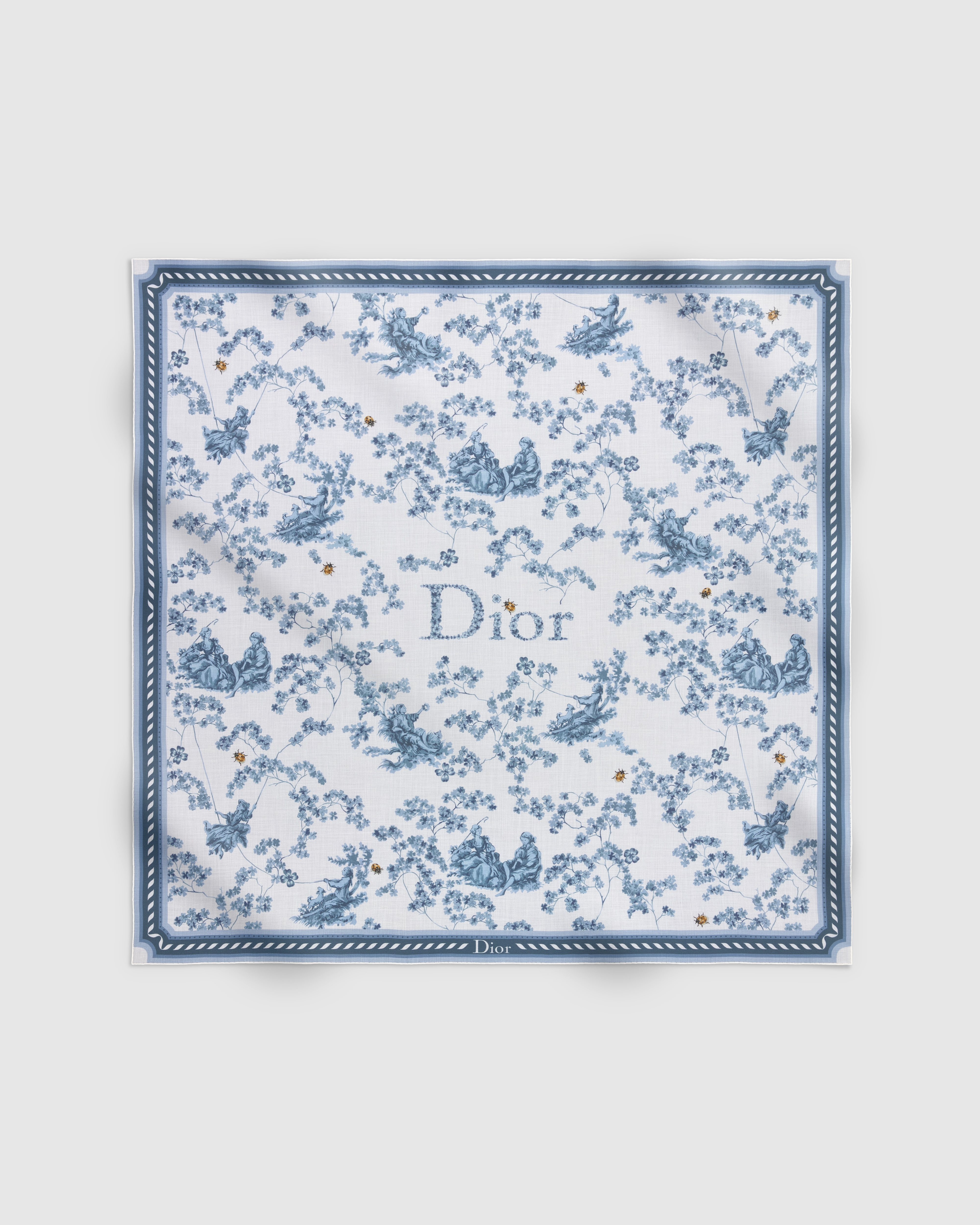 Toile de Jouy Clover Shawl White and Blue Cashmere E01