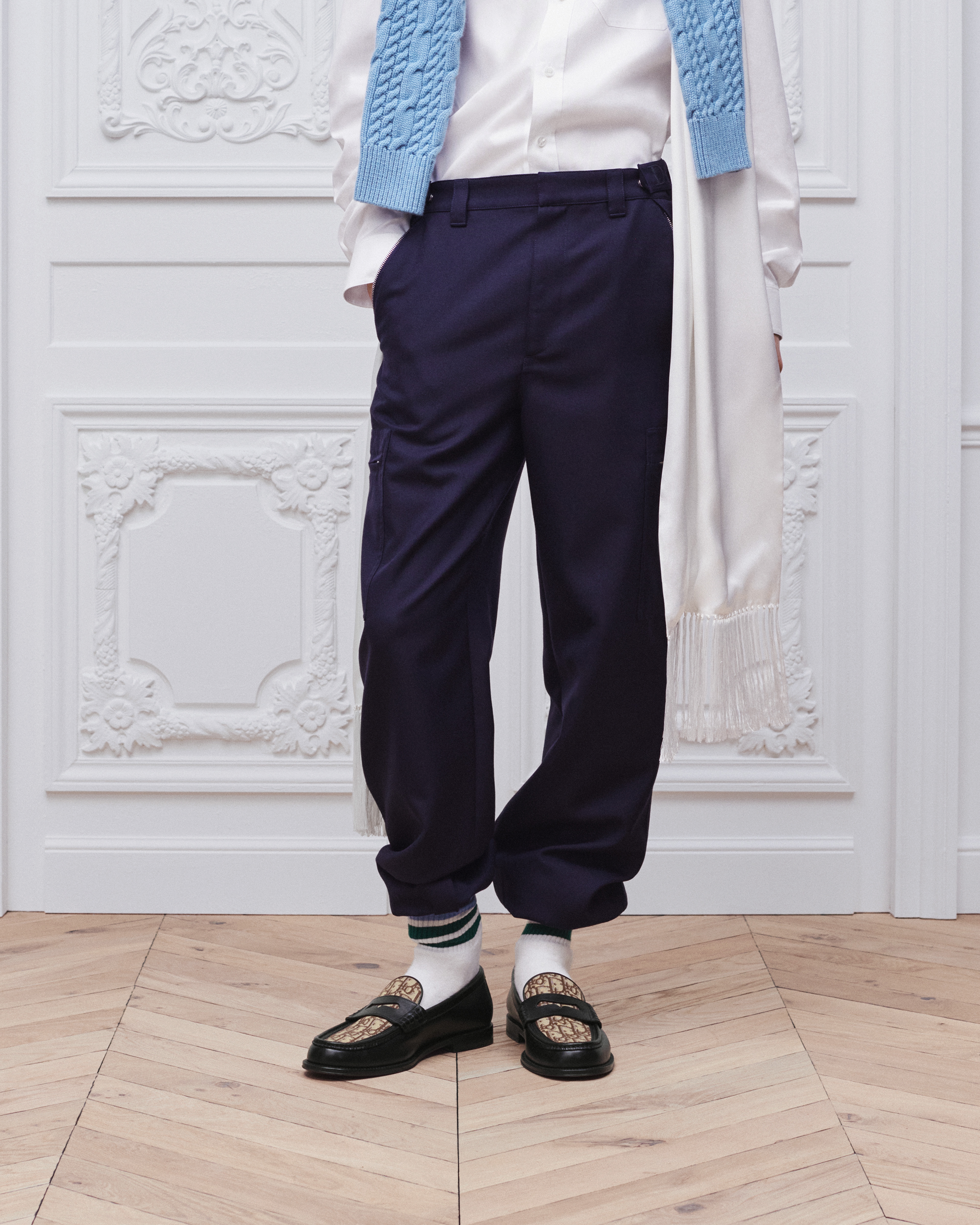 Dior 刺繡工作長褲 藍色精純羊毛混紡 E14