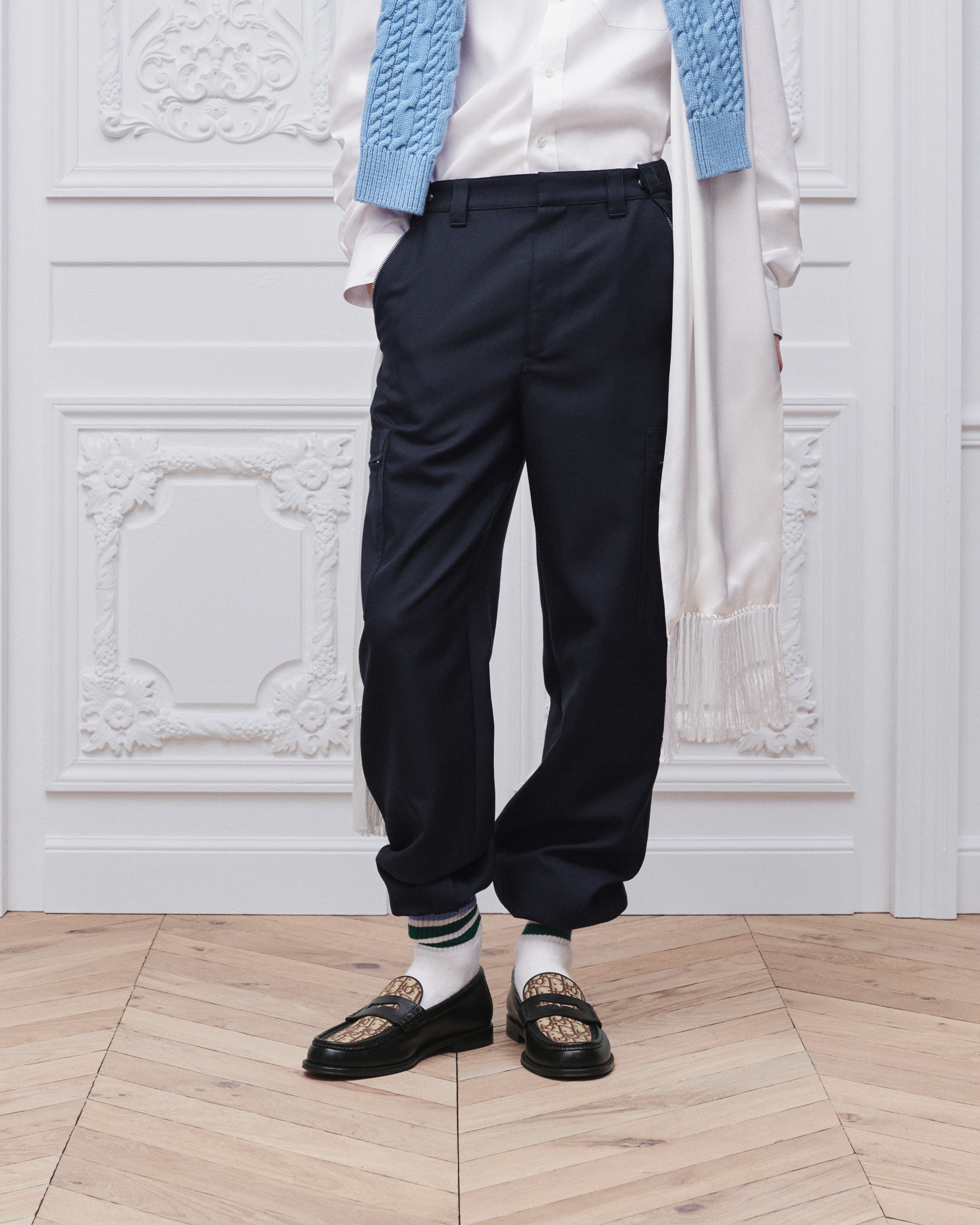 Dior 刺繡工作長褲 藍色精純羊毛混紡 E14