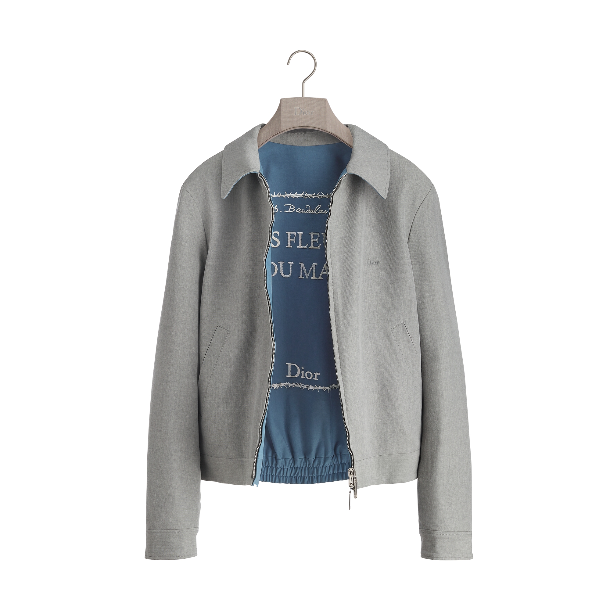 Reversible Zipped Jacket with Book Cover Embroidery Gray Virgin Wool Twill Blend E09