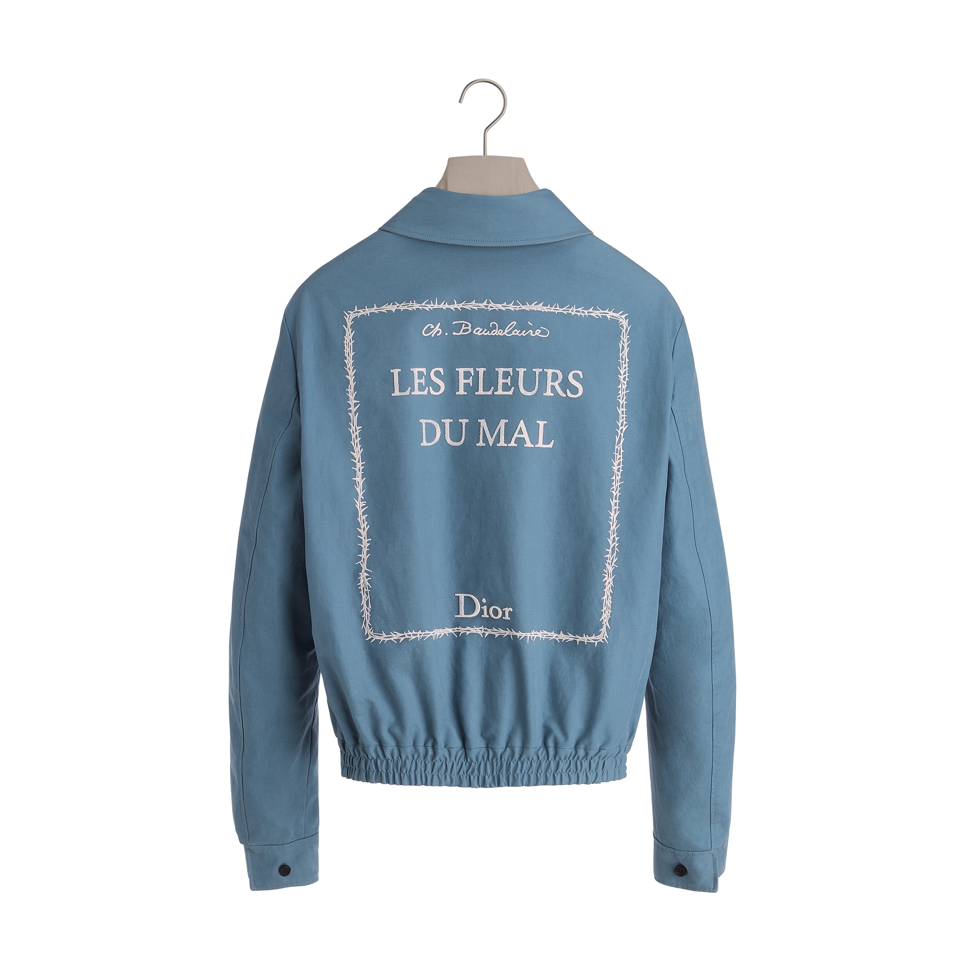 Reversible Zipped Jacket with Book Cover Embroidery Gray Virgin Wool Twill Blend E10