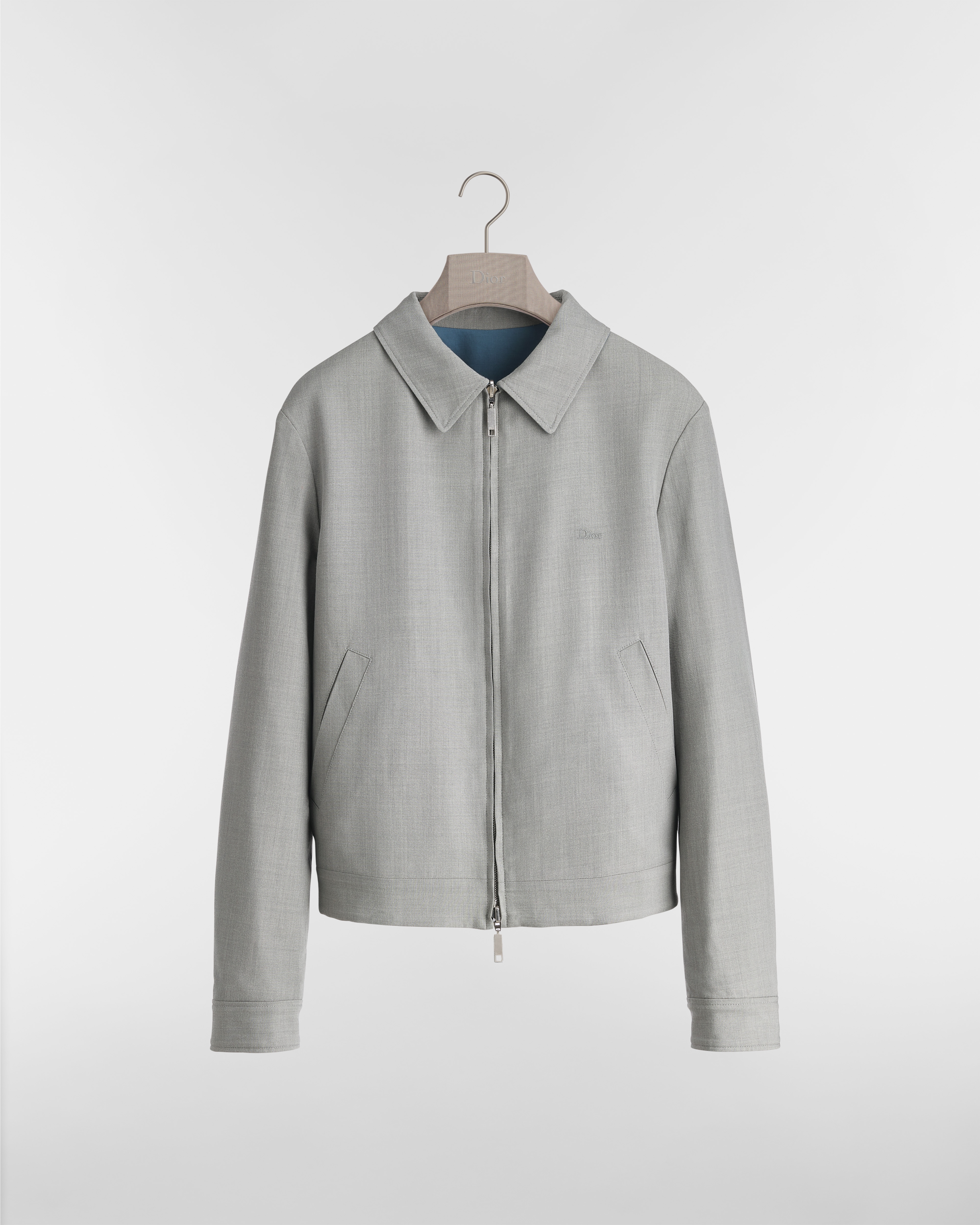 Veste zippée réversible à broderie Book Cover Sergé de laine vierge mélangée grise E01