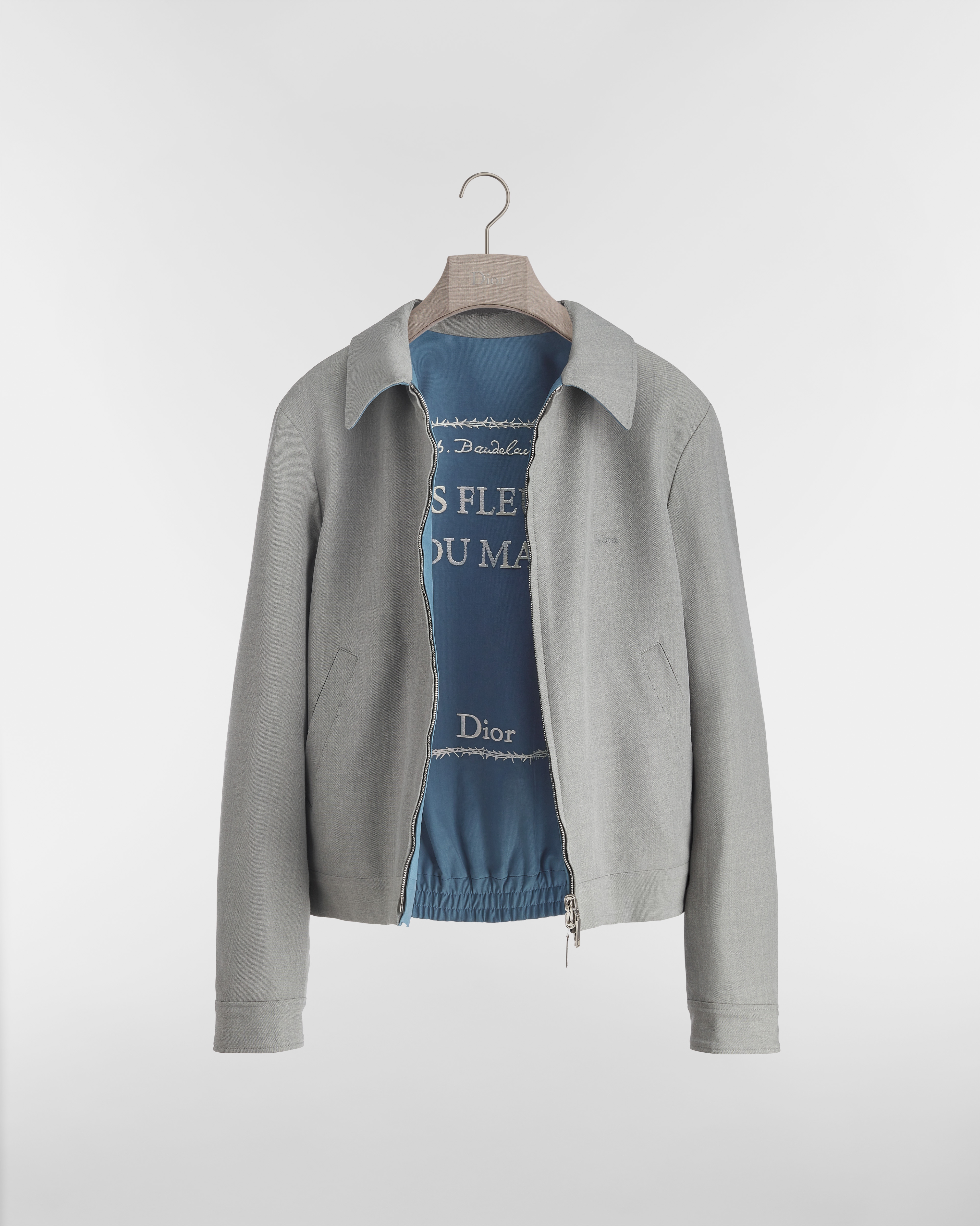 Veste zippée réversible à broderie Book Cover Sergé de laine vierge mélangée grise E09