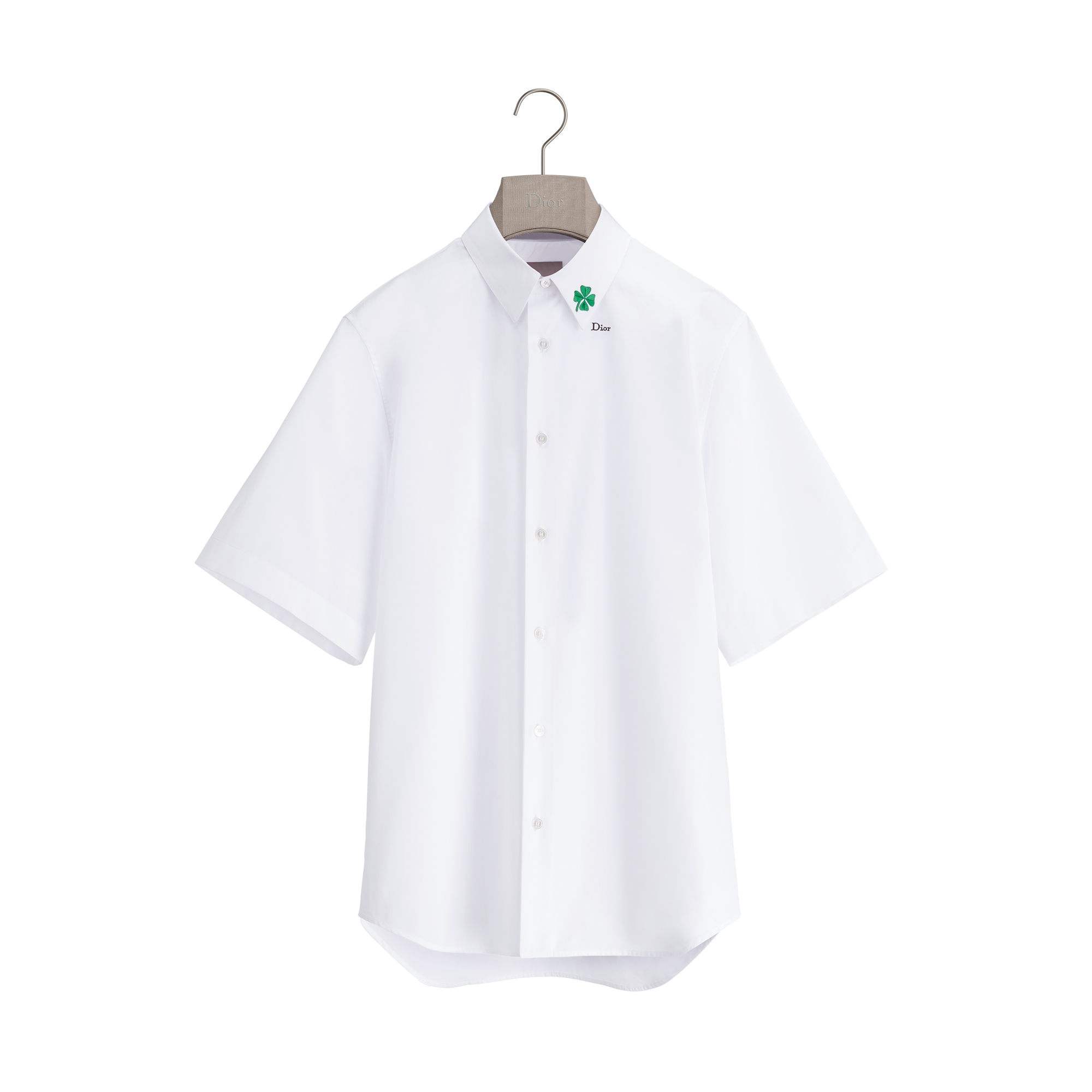 Short-Sleeved Shirt with Dior Clover Embroidery White Cotton Poplin E01