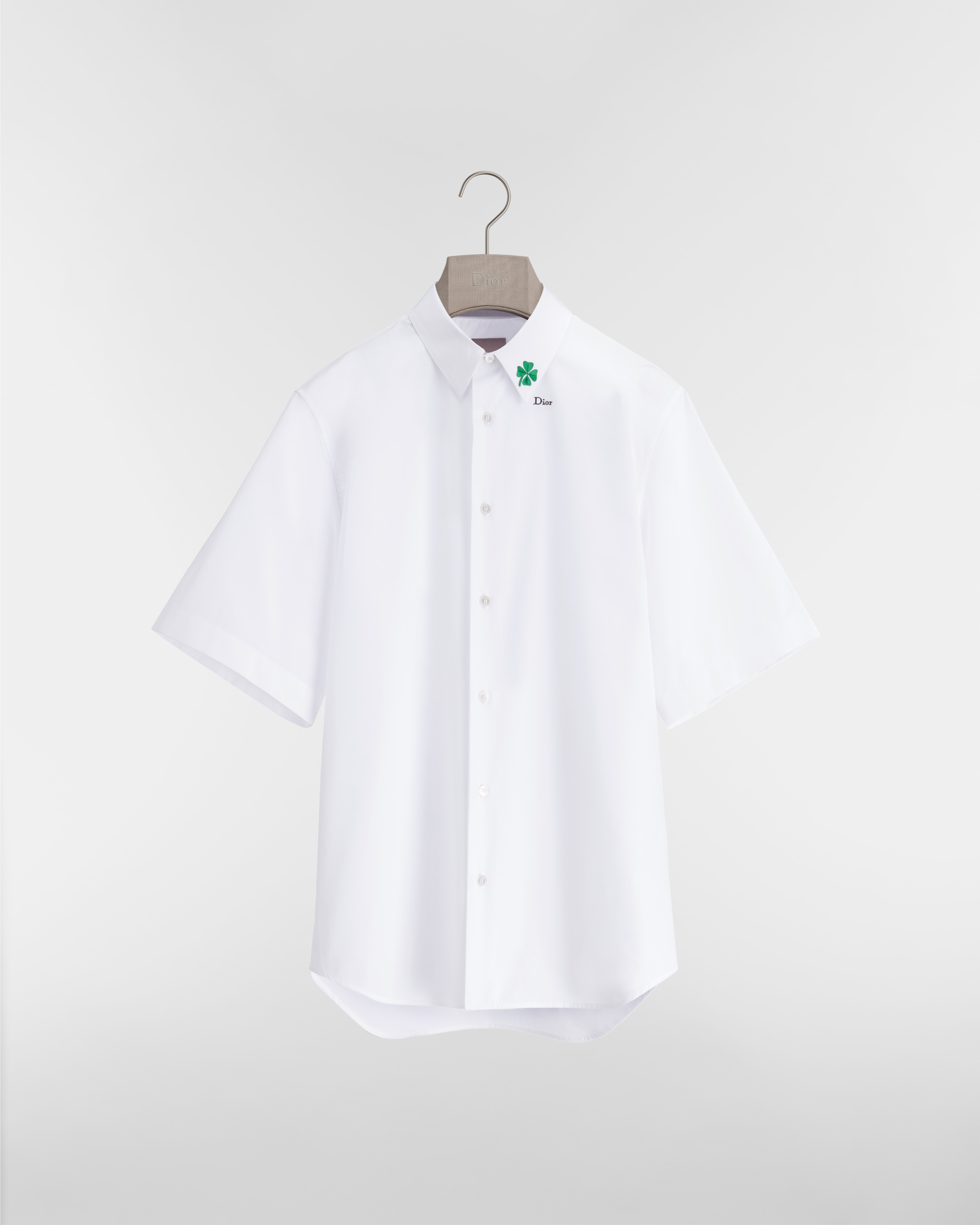 Dior Clover 幸運草刺繡短袖襯衫 白色棉質府綢 E01