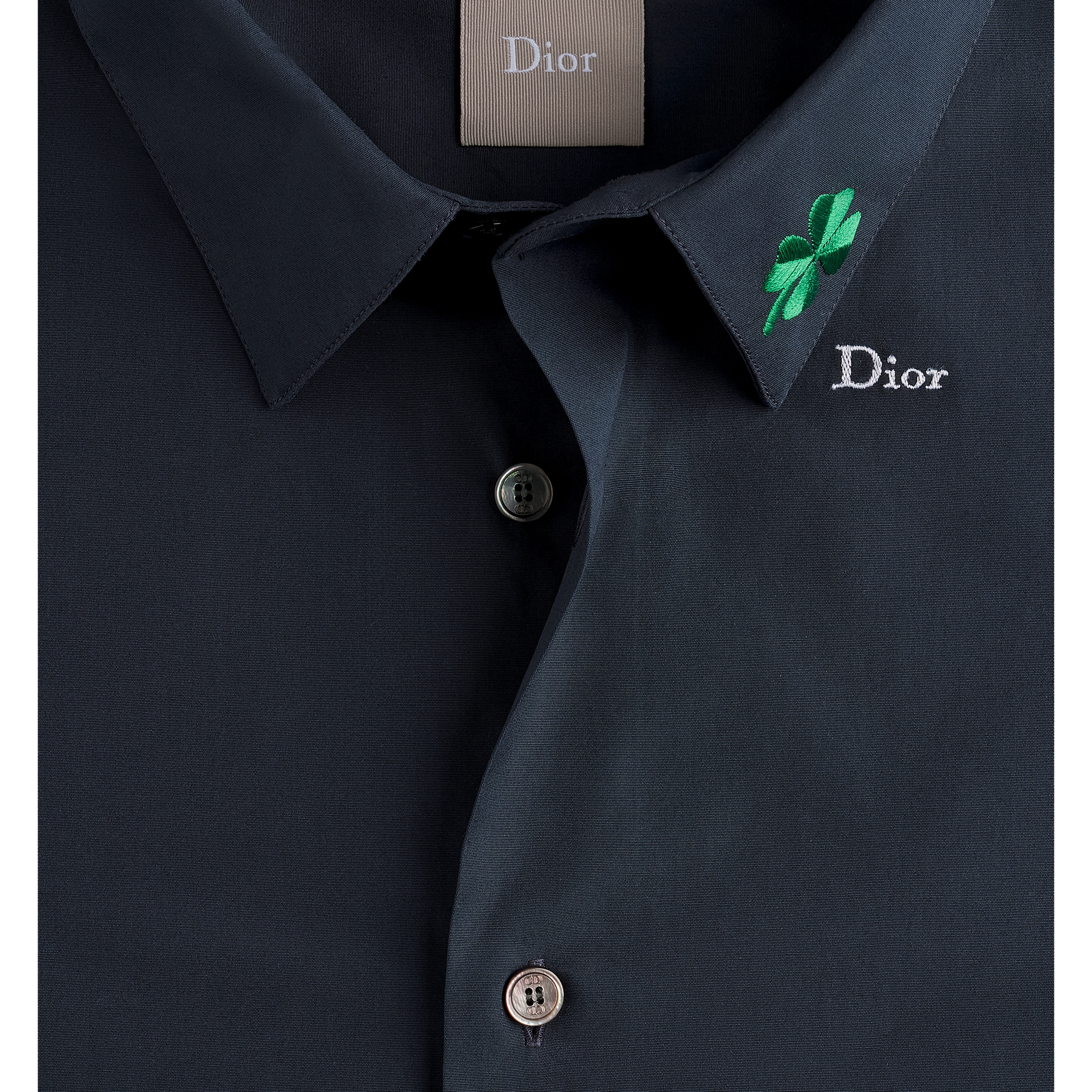 Short-Sleeved Shirt with Dior Clover Embroidery Navy Blue Cotton Poplin E10