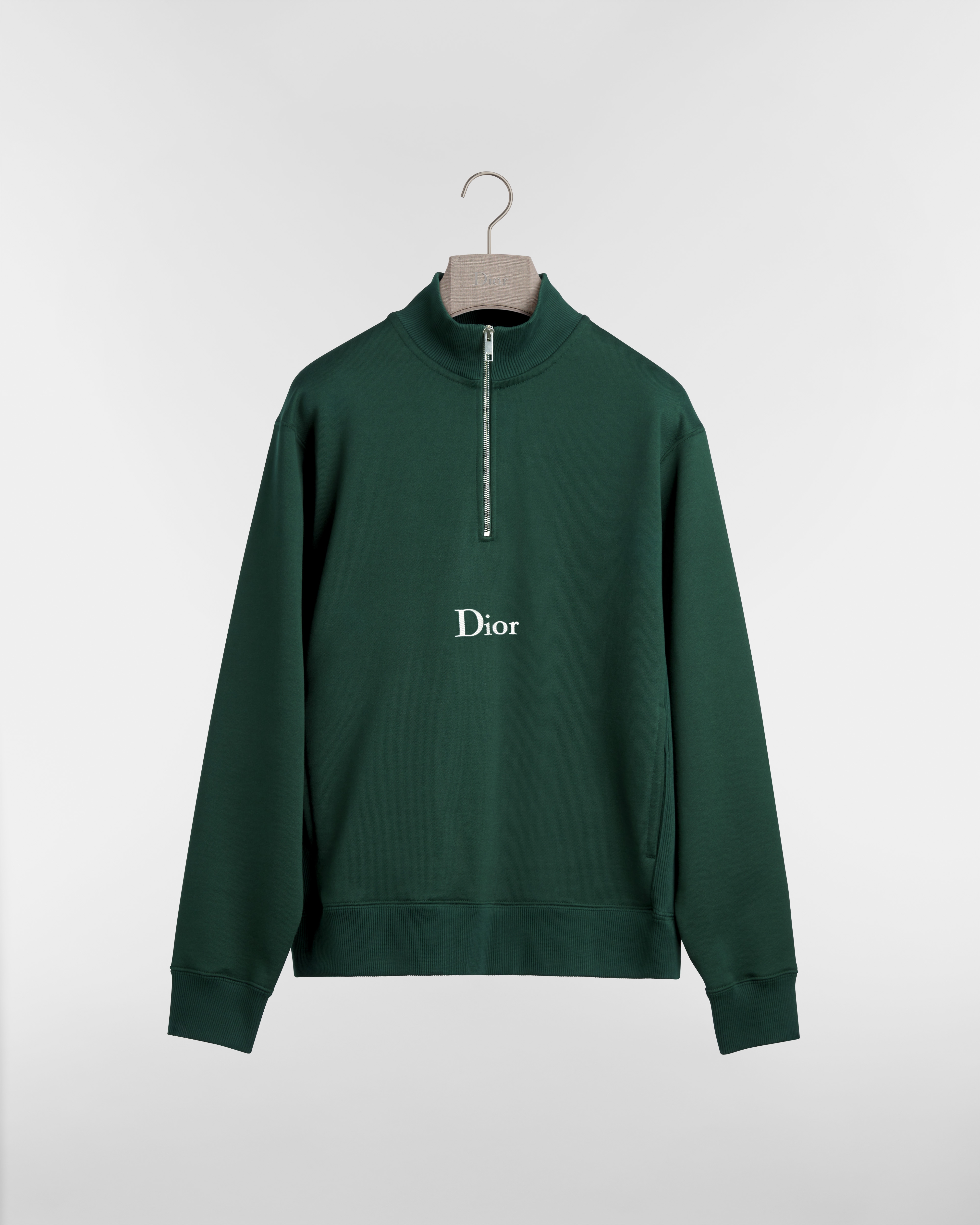 Sweatshirt with Zip Neckline, Regular Fit Green Cotton Fleece E01