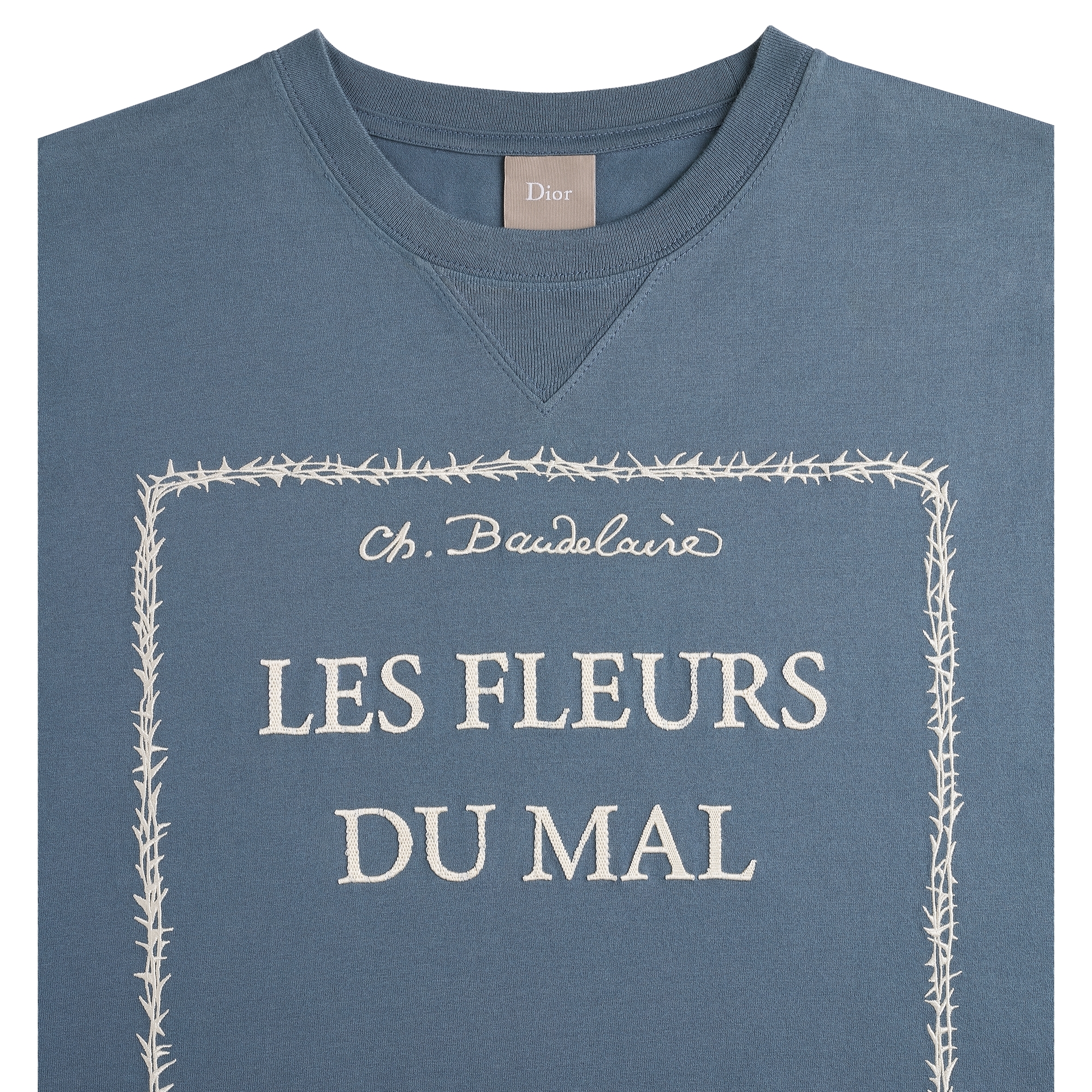 T-Shirt with Book Cover Embroidery, Relaxed Fit Blue and White Cotton Jersey E10