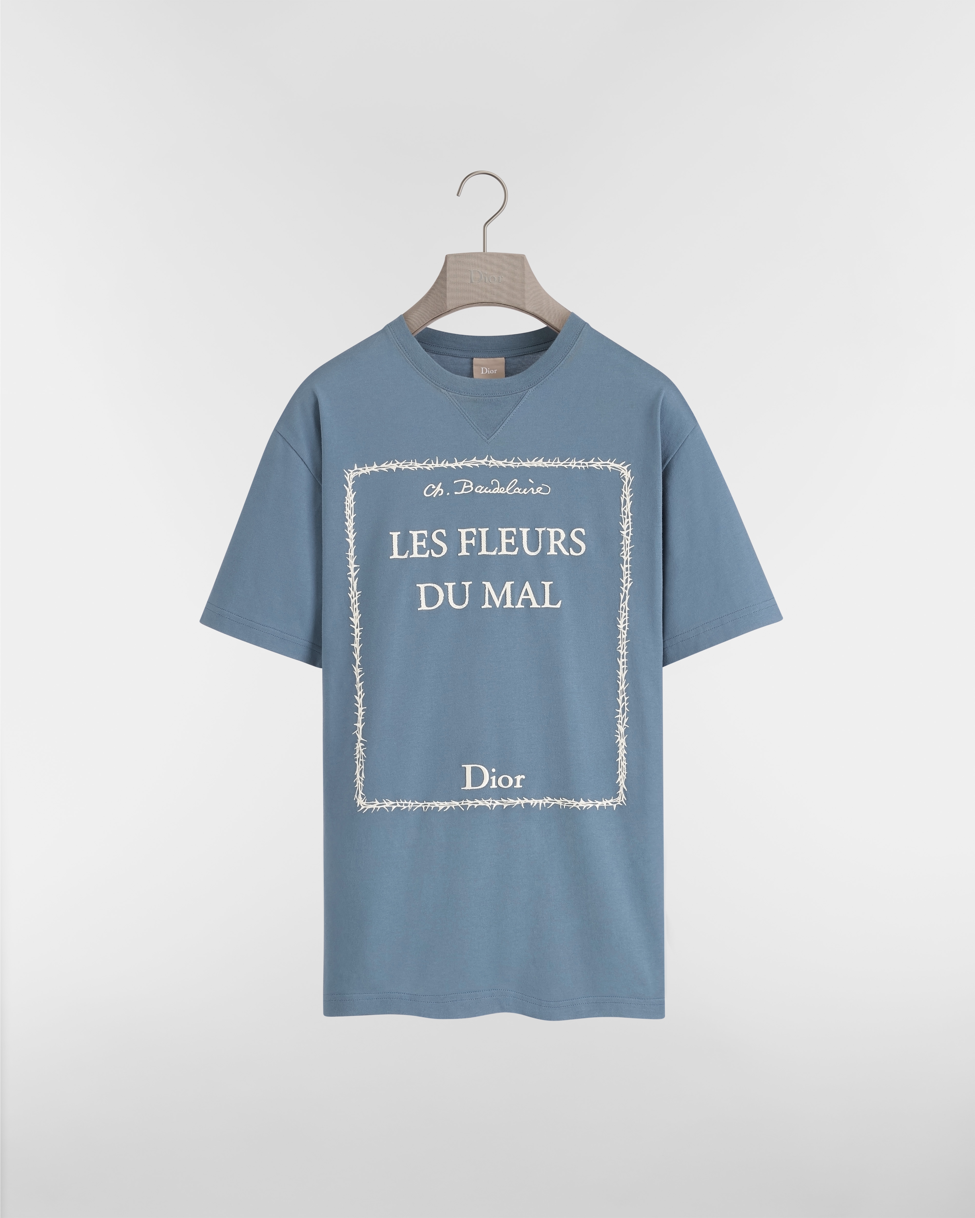 T-Shirt with Book Cover Embroidery, Relaxed Fit Blue and White Cotton Jersey E01