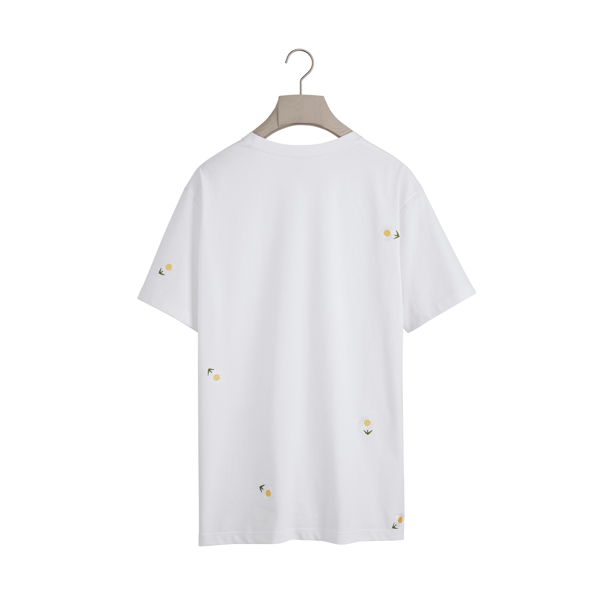 T-Shirt with Daisy Embroidery, Relaxed Fit White Cotton Jersey E08