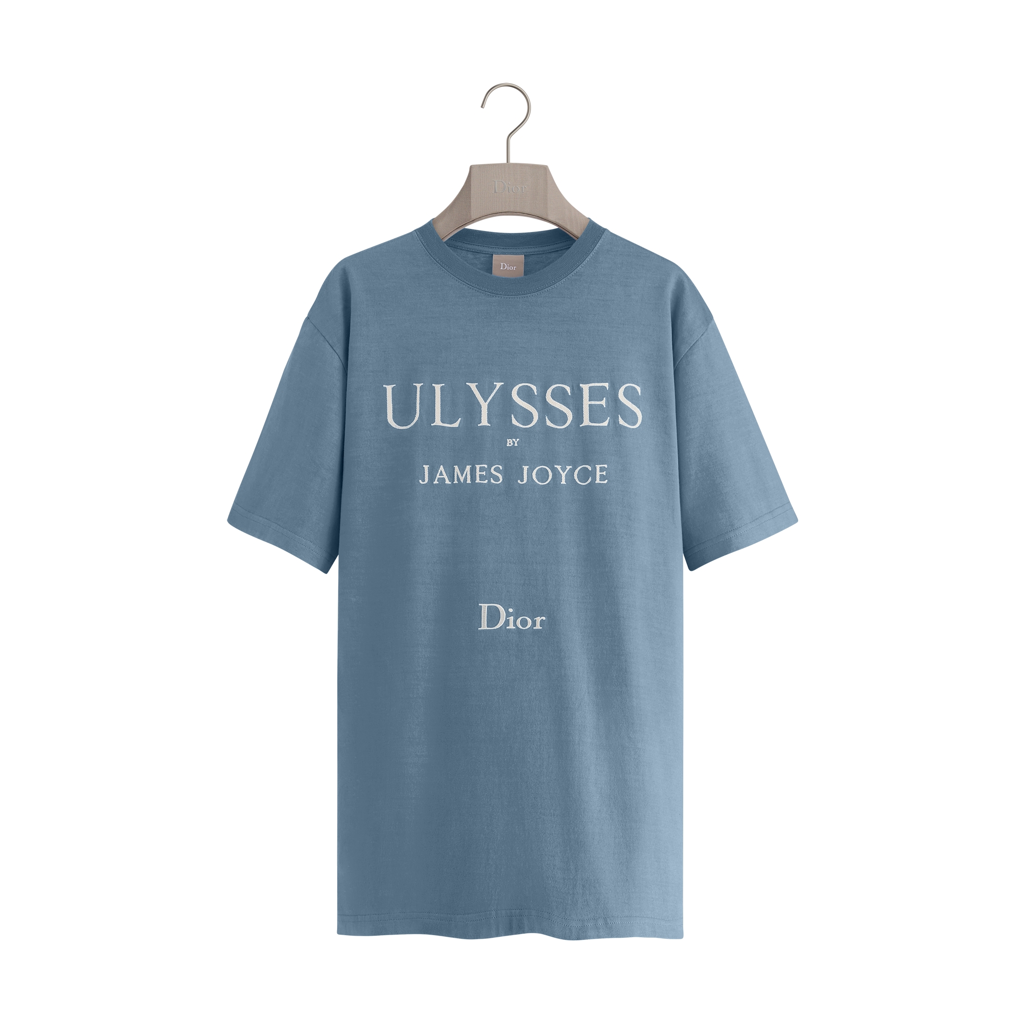 T-Shirt with Book Cover Embroidery, Relaxed Fit Blue and White Cotton Jersey E01