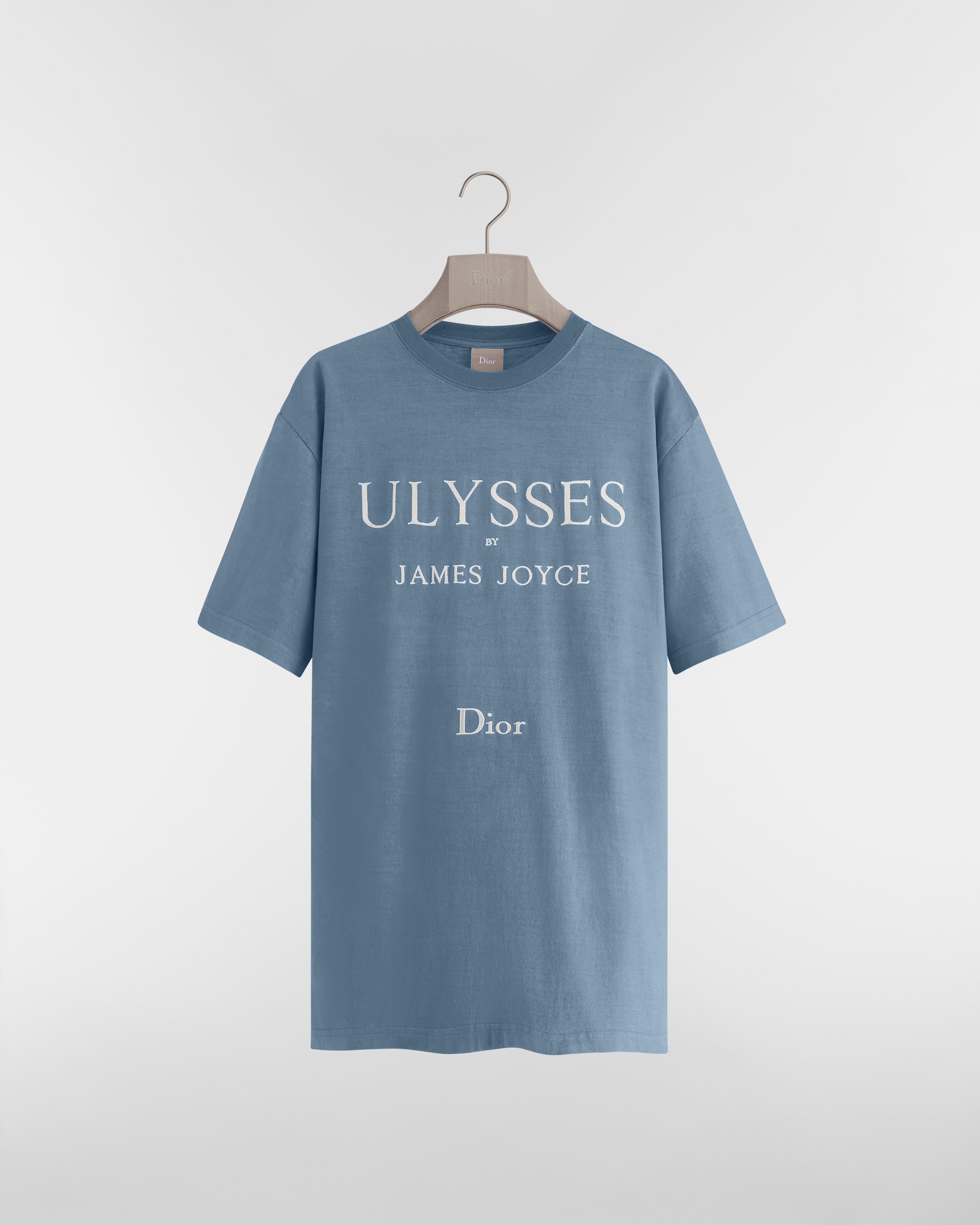 寬鬆剪裁 Book Cover 刺繡 T 恤 淺藍色和白色棉質針織布 E01