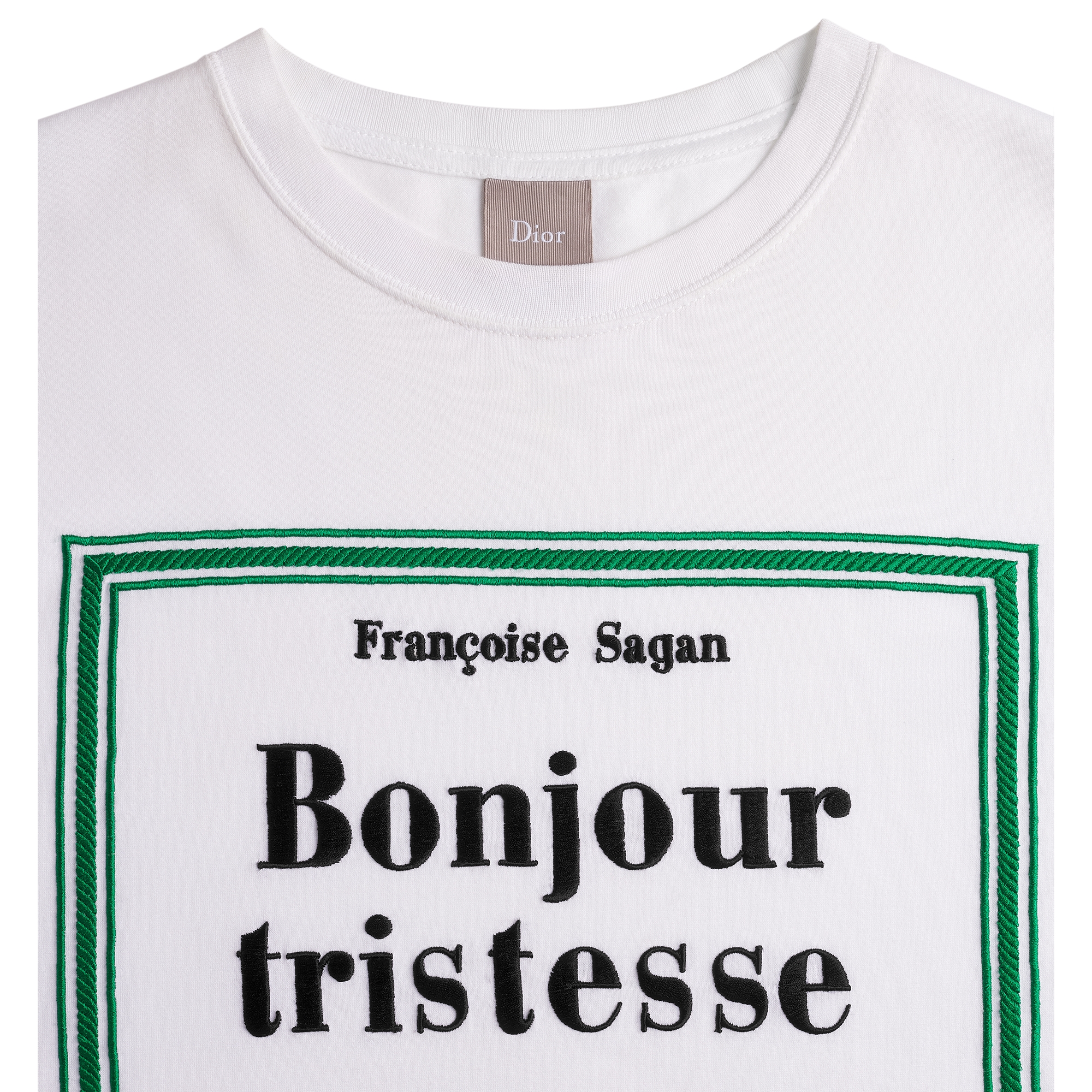 T-Shirt with Book Cover Embroidery, Relaxed Fit White and Green Cotton Jersey E10