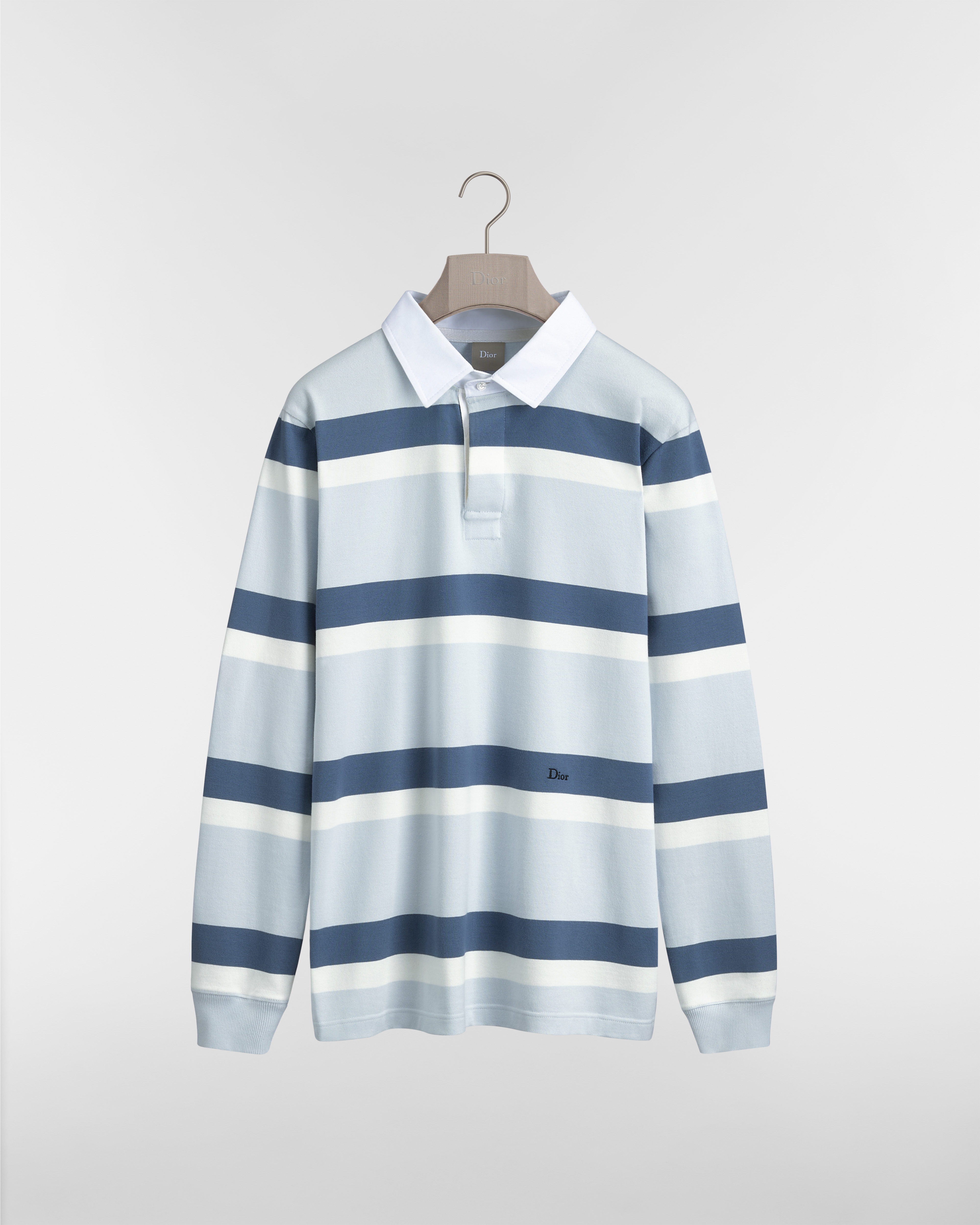 長袖 Polo 衫 藍色棉質針織布搭配條紋 E01