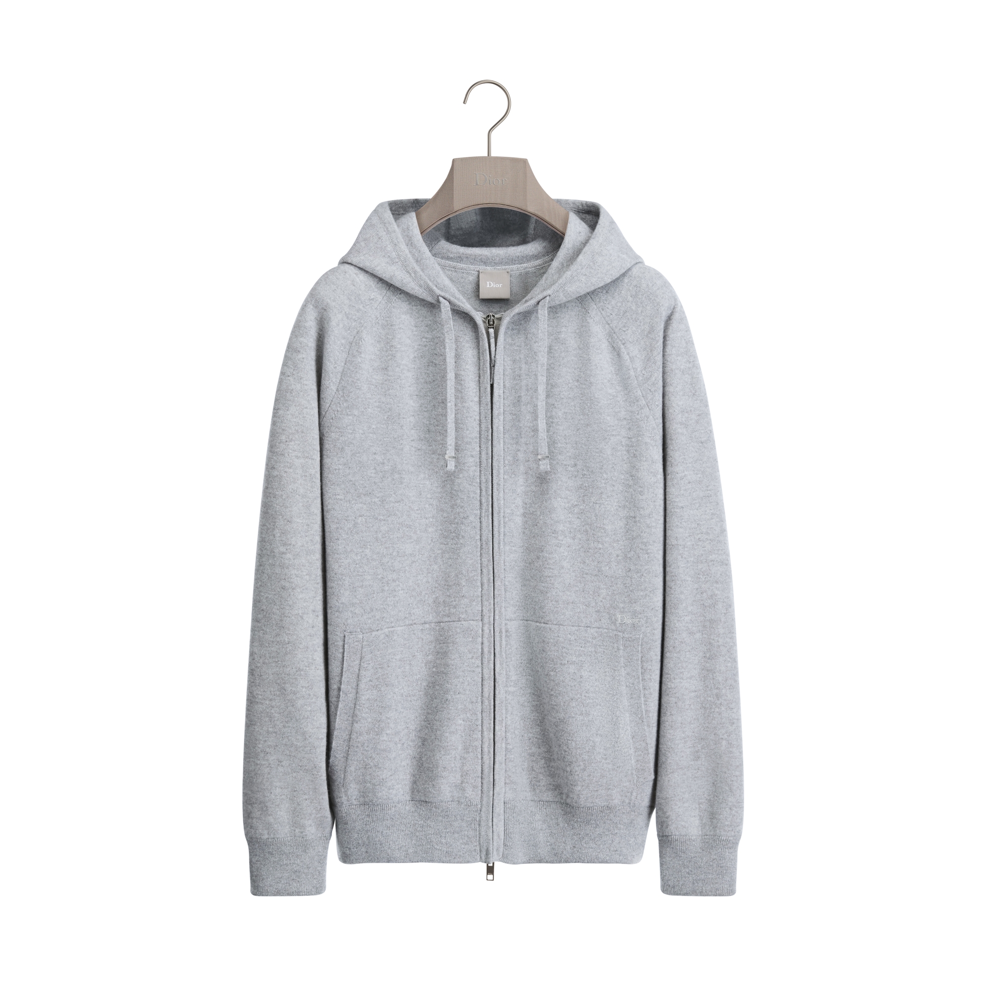 Hooded Sweater with Dior Embroidery, Comfortable Fit Gray Cashmere Knit E01