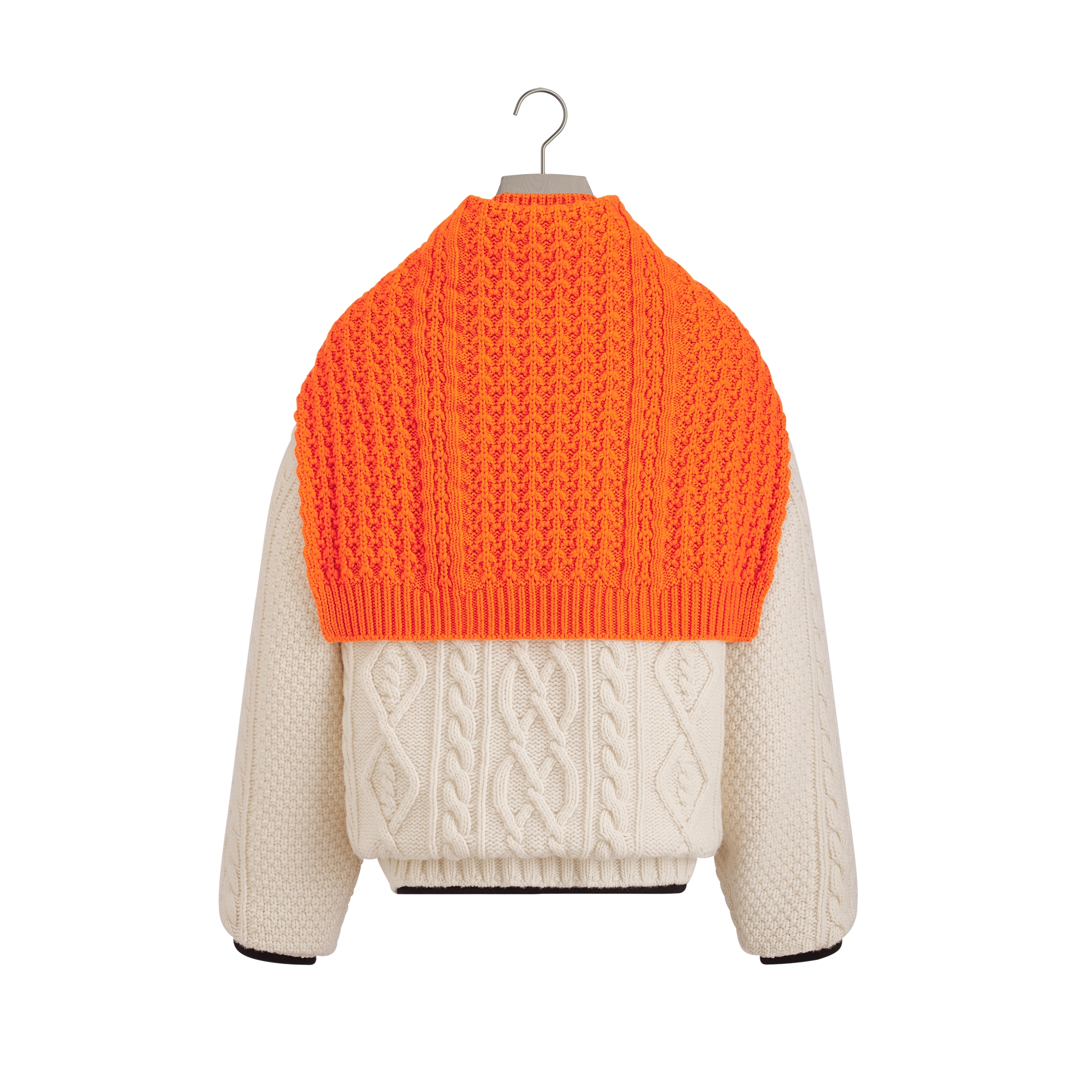 Buttoned Blouson Jacket White and Orange Virgin Wool-Cashmere-Blend Knit E08