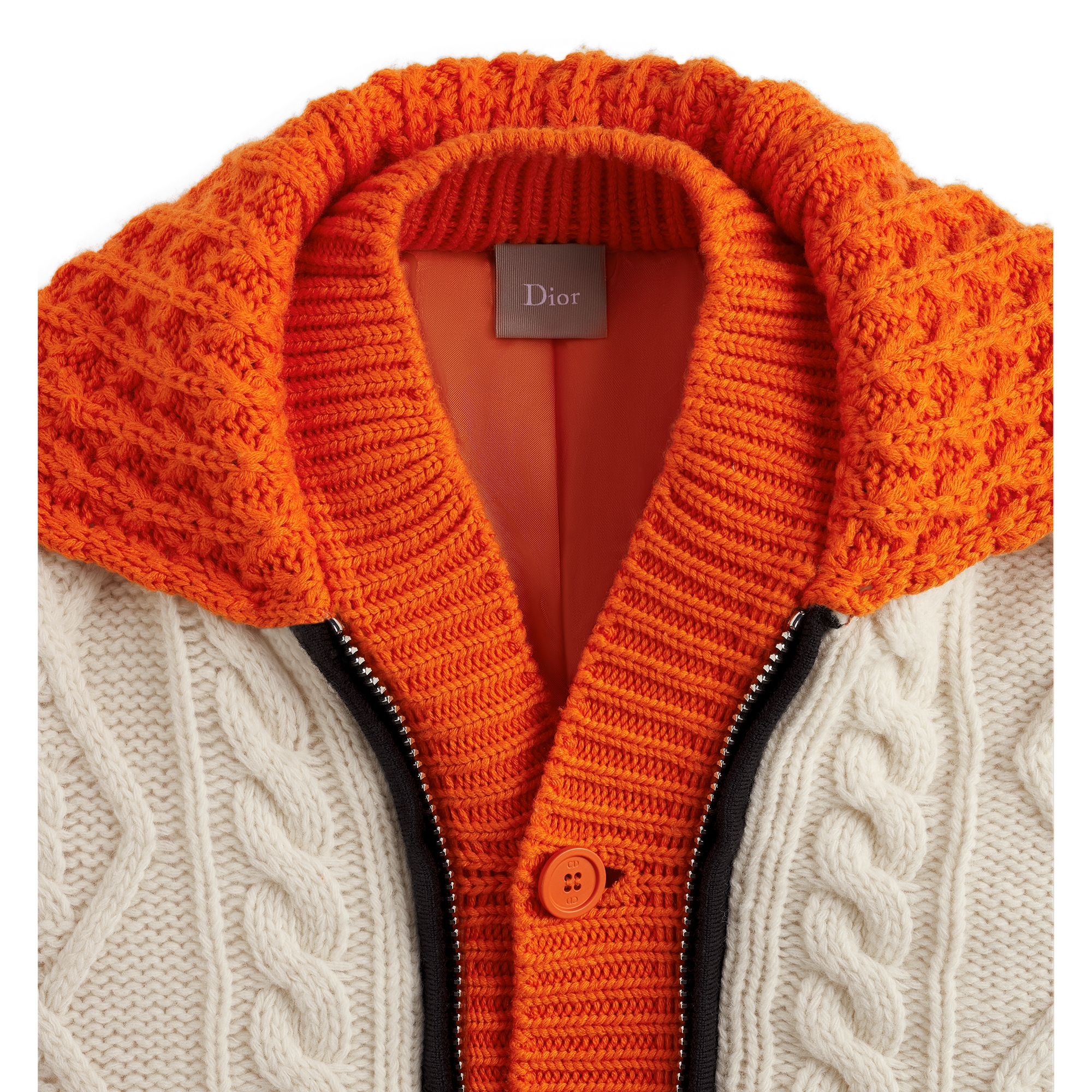 Buttoned Blouson Jacket White and Orange Virgin Wool-Cashmere-Blend Knit E09