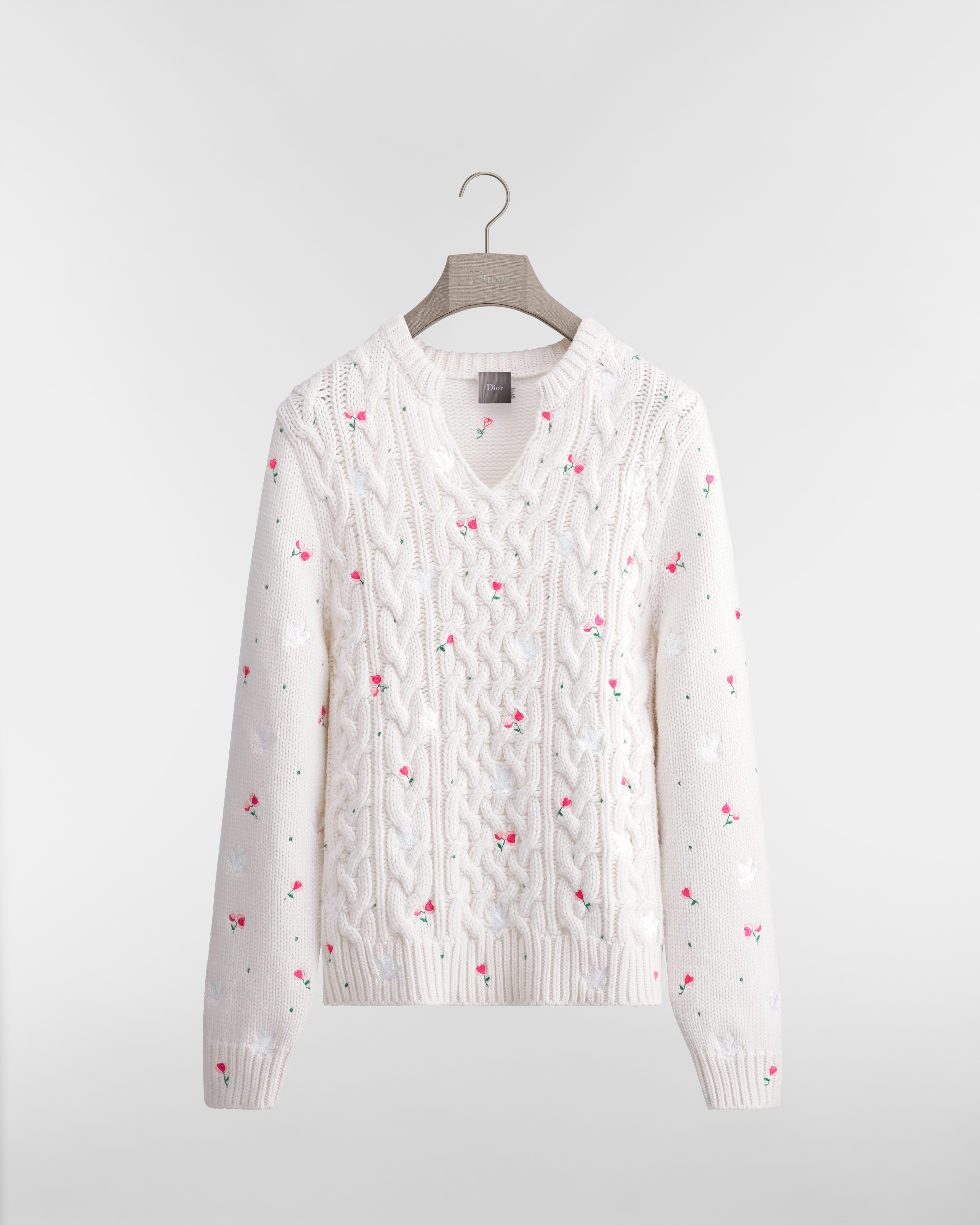 Pullover mit Blumenstickerei Kaschmirstrick in Weiß E01