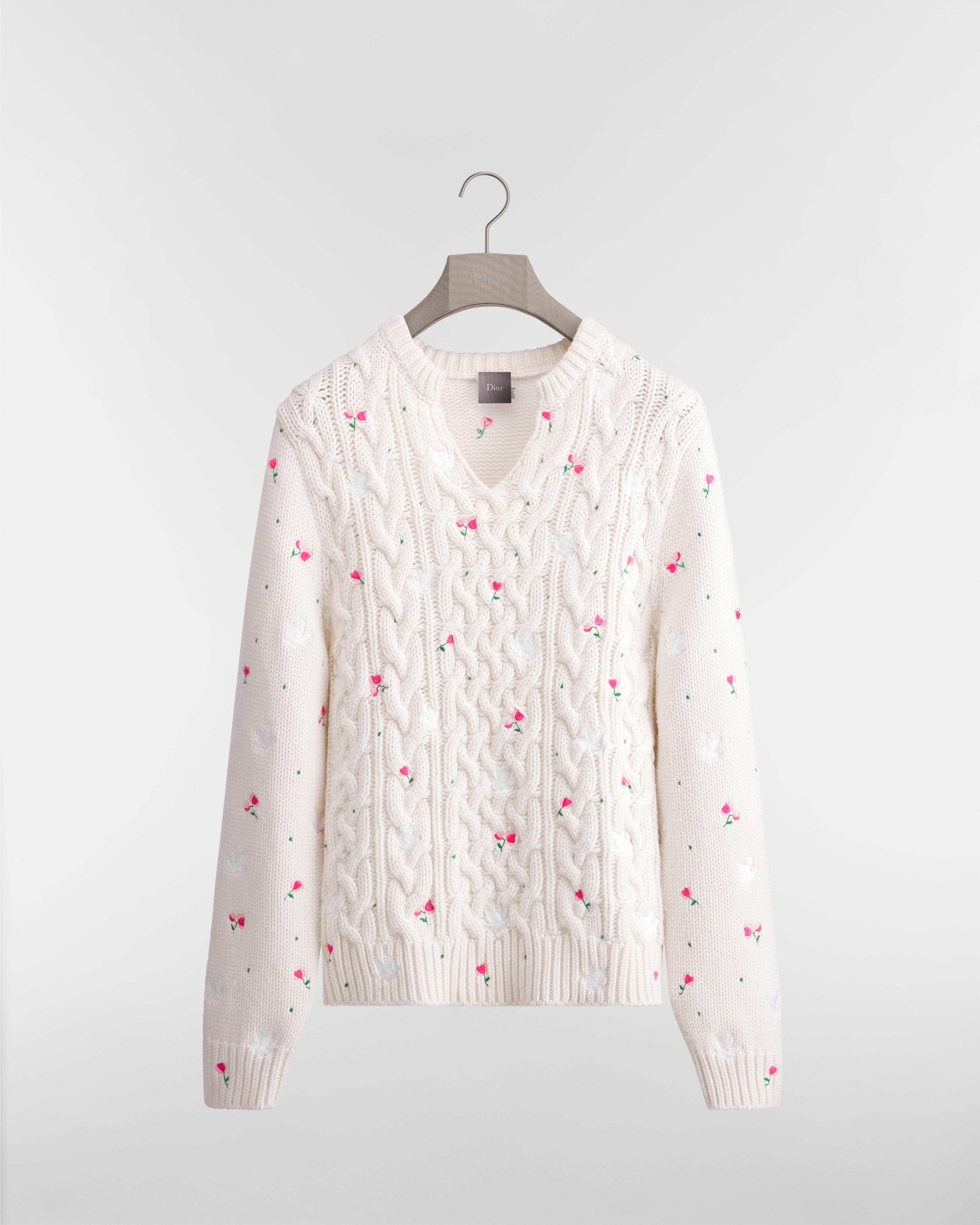花卉刺繡毛衣 白色羊絨織物 E01