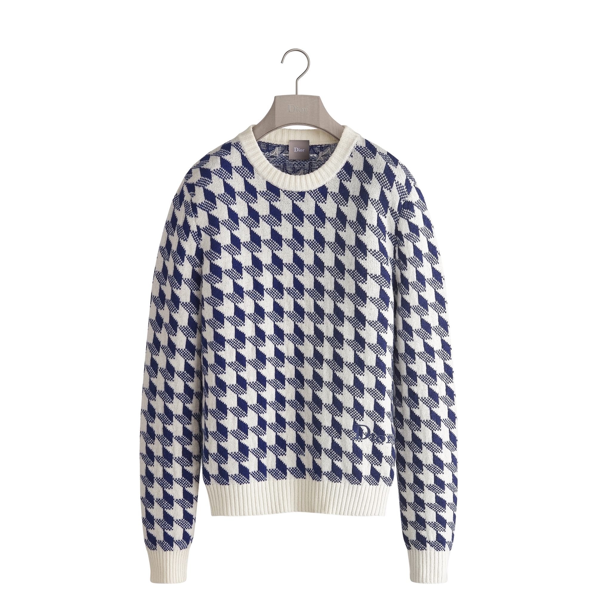 Sweater with Dior Embroidery White Virgin Wool Jacquard with Blue