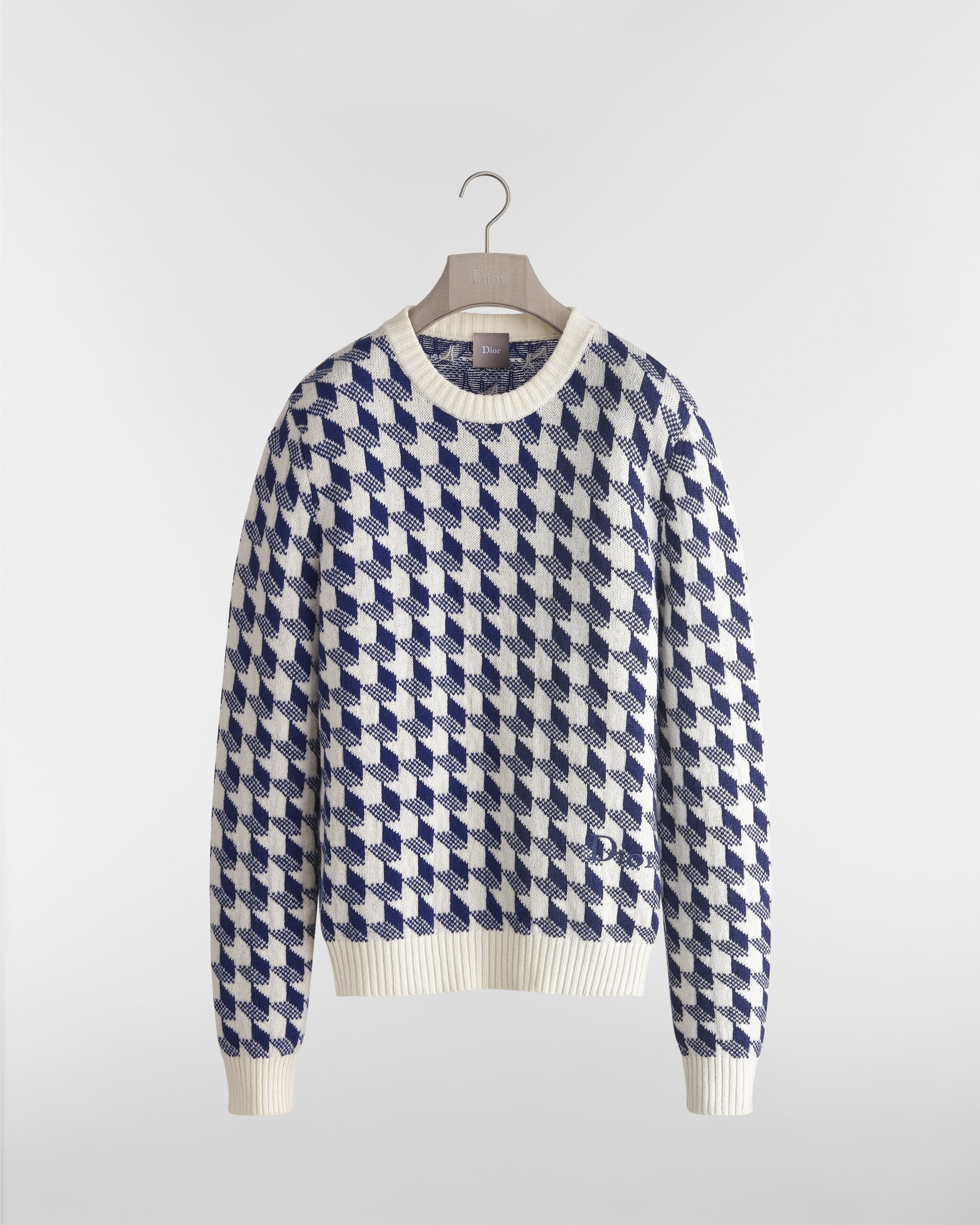 Maglione con ricamo Dior Jacquard di lana vergine bianco con motivo pied-de-poule blu E01