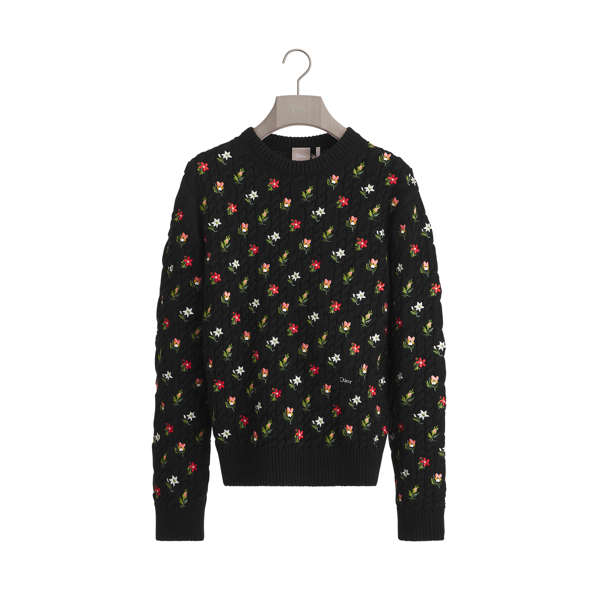Sweater with Floral Embroidery Black Cashmere Knit E01