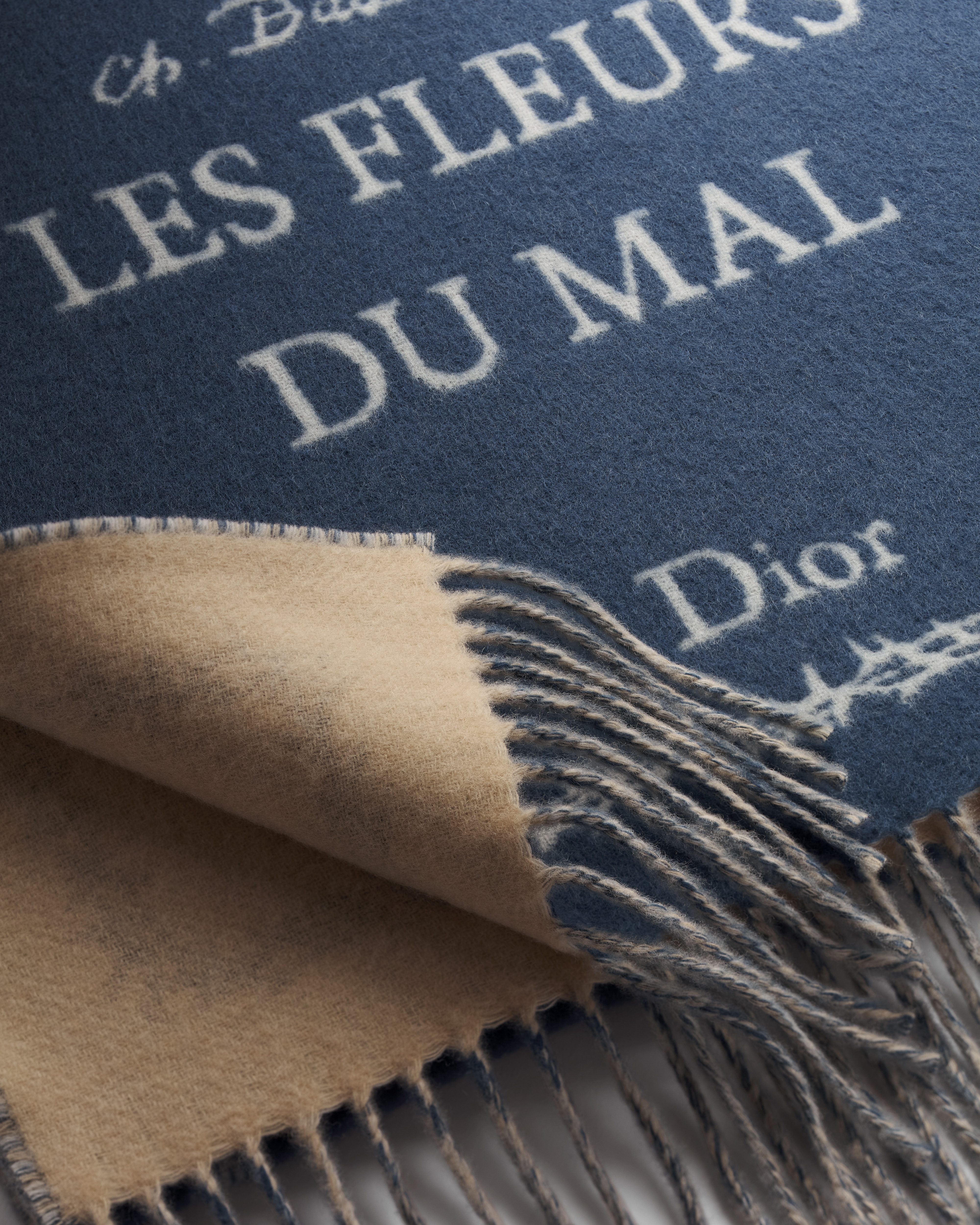 Book Cover Double-Faced Scarf Blue, White and Beige Wool and Cashmere E10