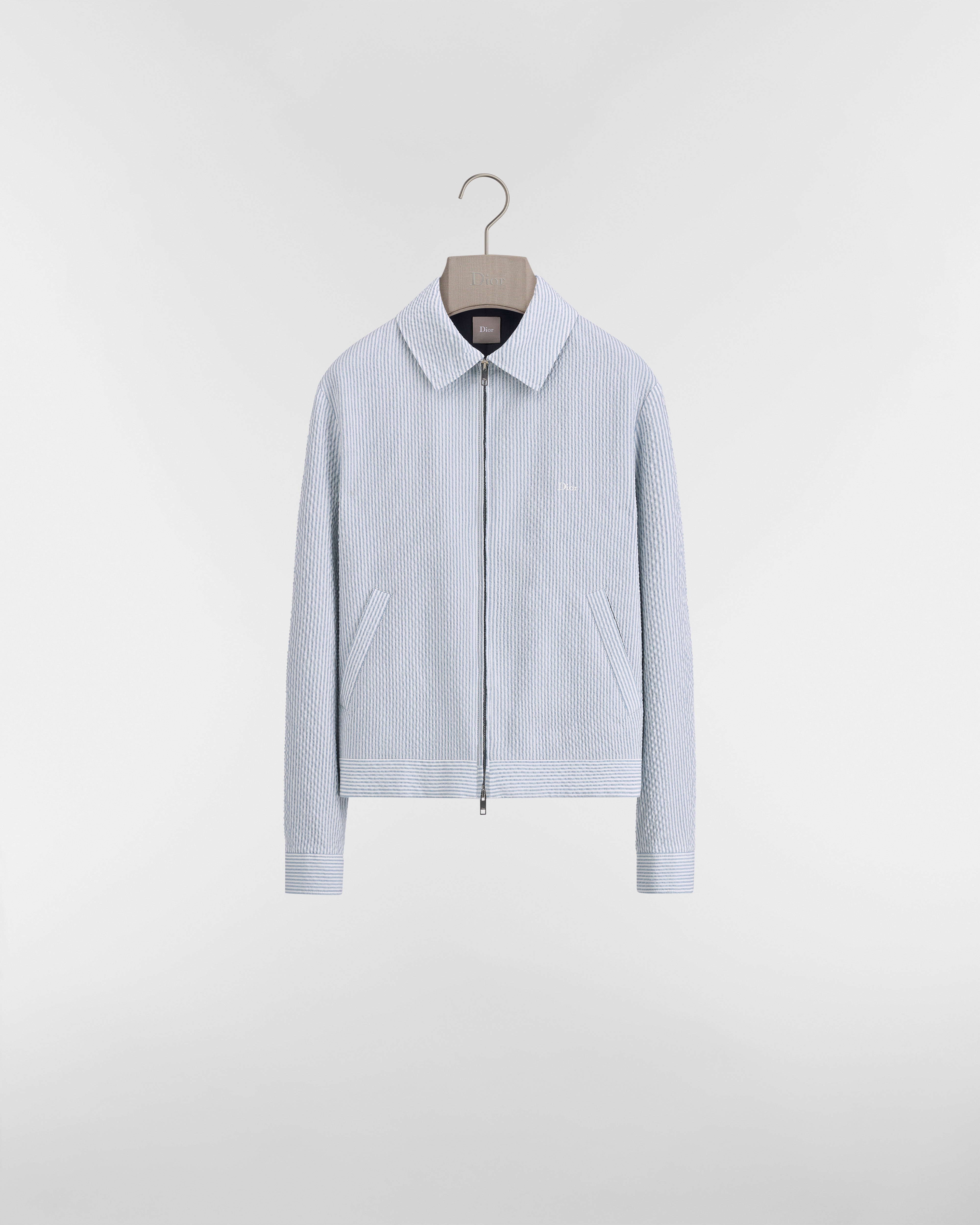 Veste zippée Dioriviera Seersucker de laine vierge, soie et lin mélangés bleu clair à rayures E01