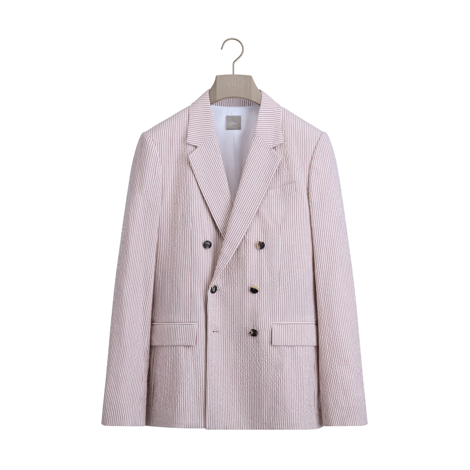 Dioriviera Double-Breasted Jacket Pink Striped Virgin Wool-Silk-Linen-Blend Seersucker E01