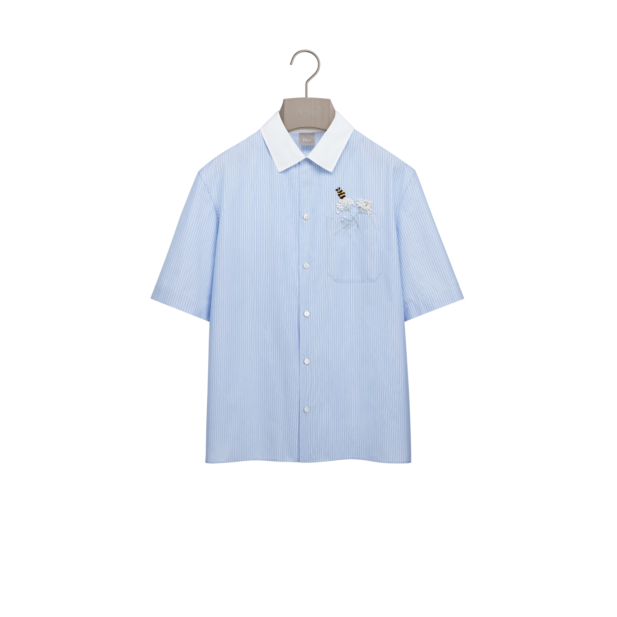 Short-Sleeved Shirt with Dior Flower Bee Embroidery Blue Striped