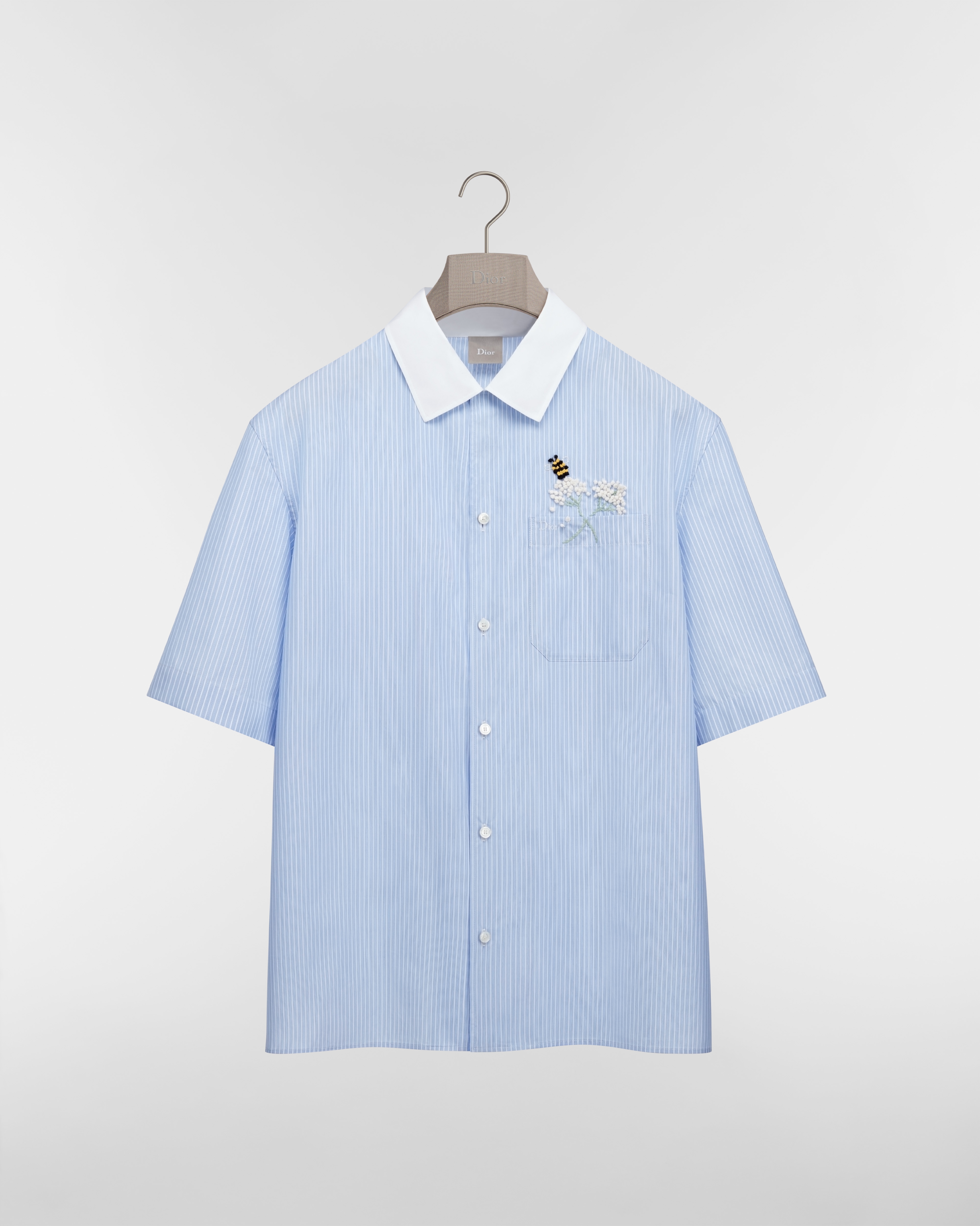 Short-Sleeved Shirt with Dior Flower Bee Embroidery Blue Striped Cotton Poplin E01