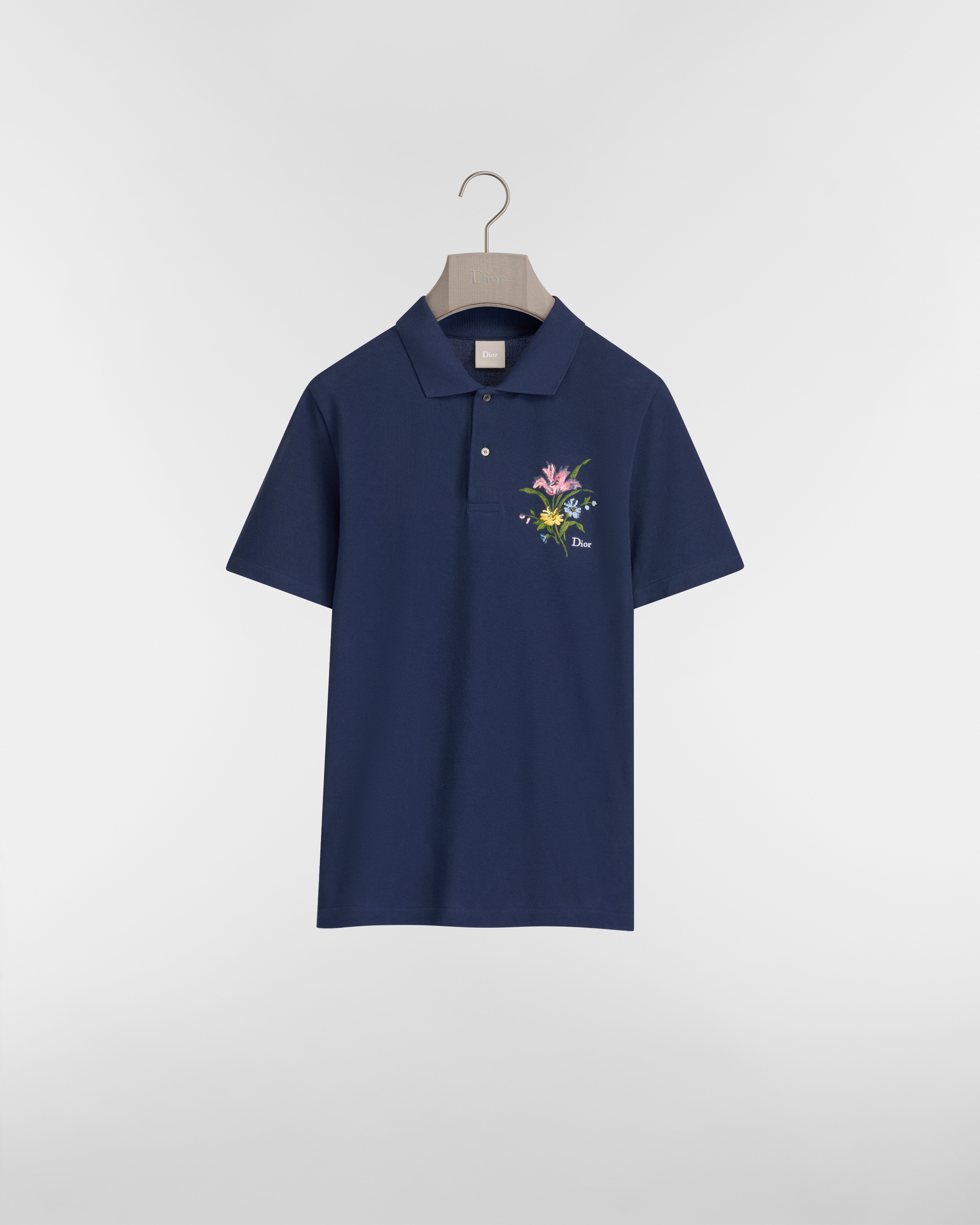 Poloshirt mit Dior Secret Garden Stickerei, Relaxed Fit Baumwollpikee in Blau E01