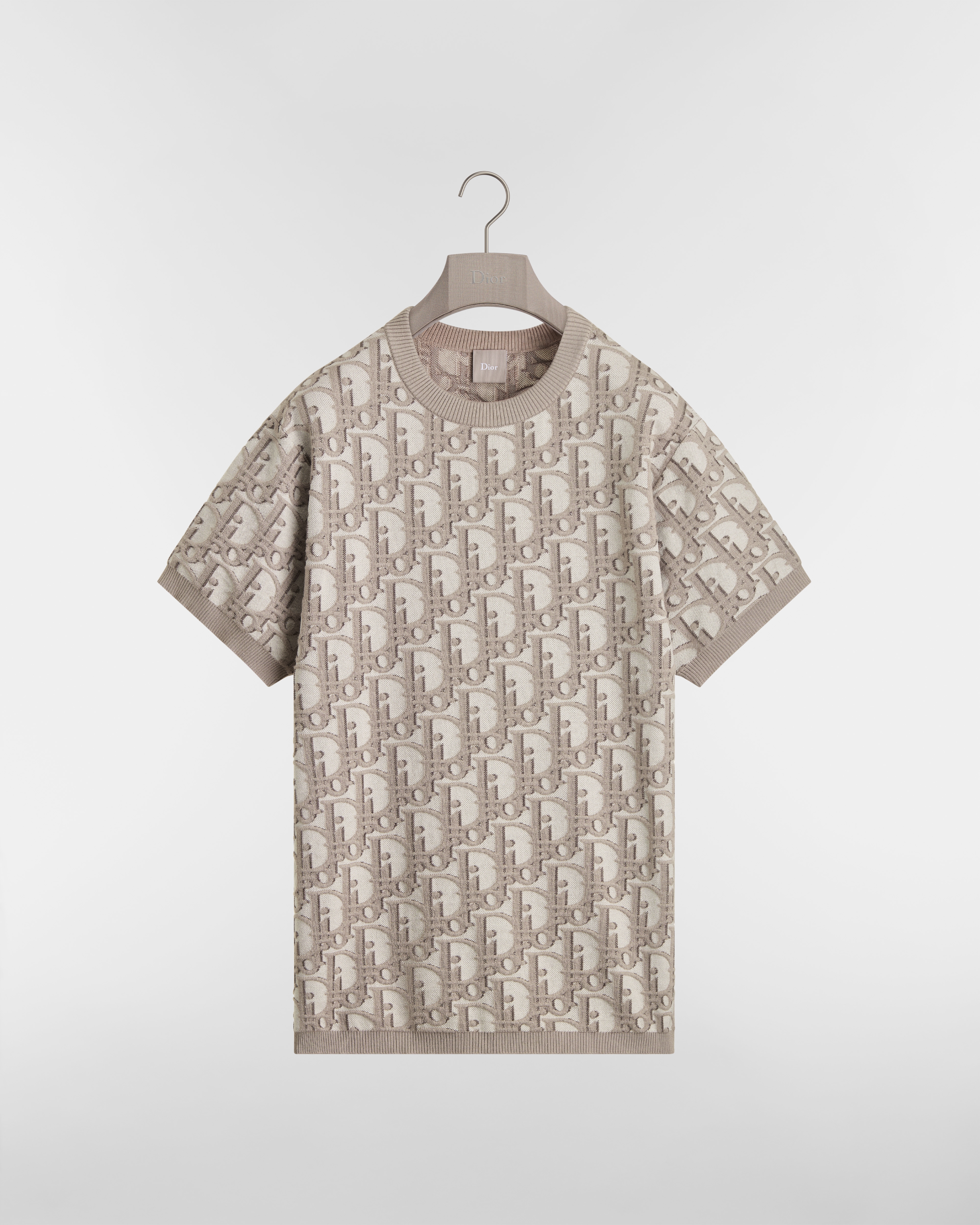 T-shirt Dior Oblique, coupe regular Jacquard de coton, laine et soie beiges E01