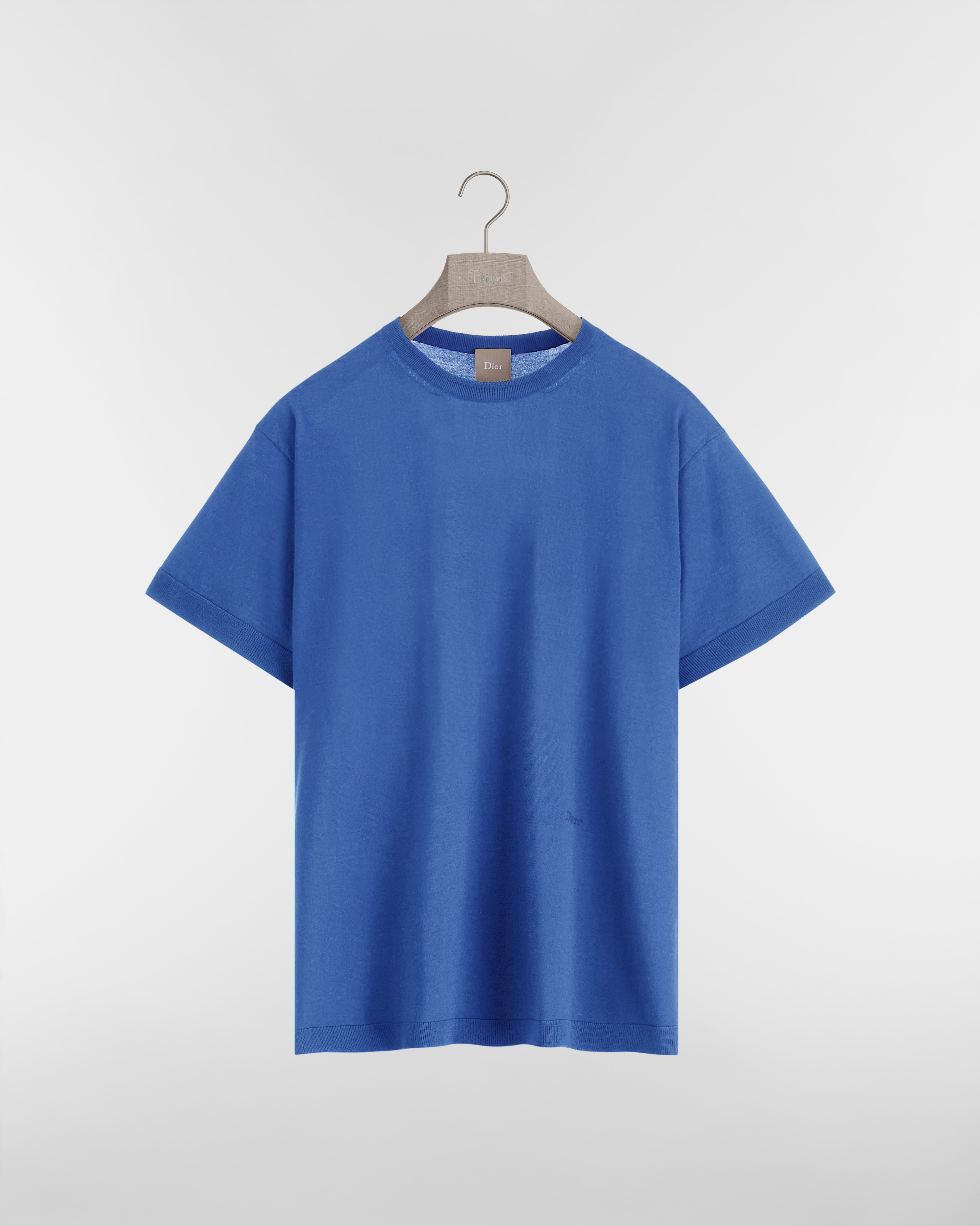 T-Shirt with Dior Embroidery, Relaxed Fit Blue Wool and Silk Knit E01