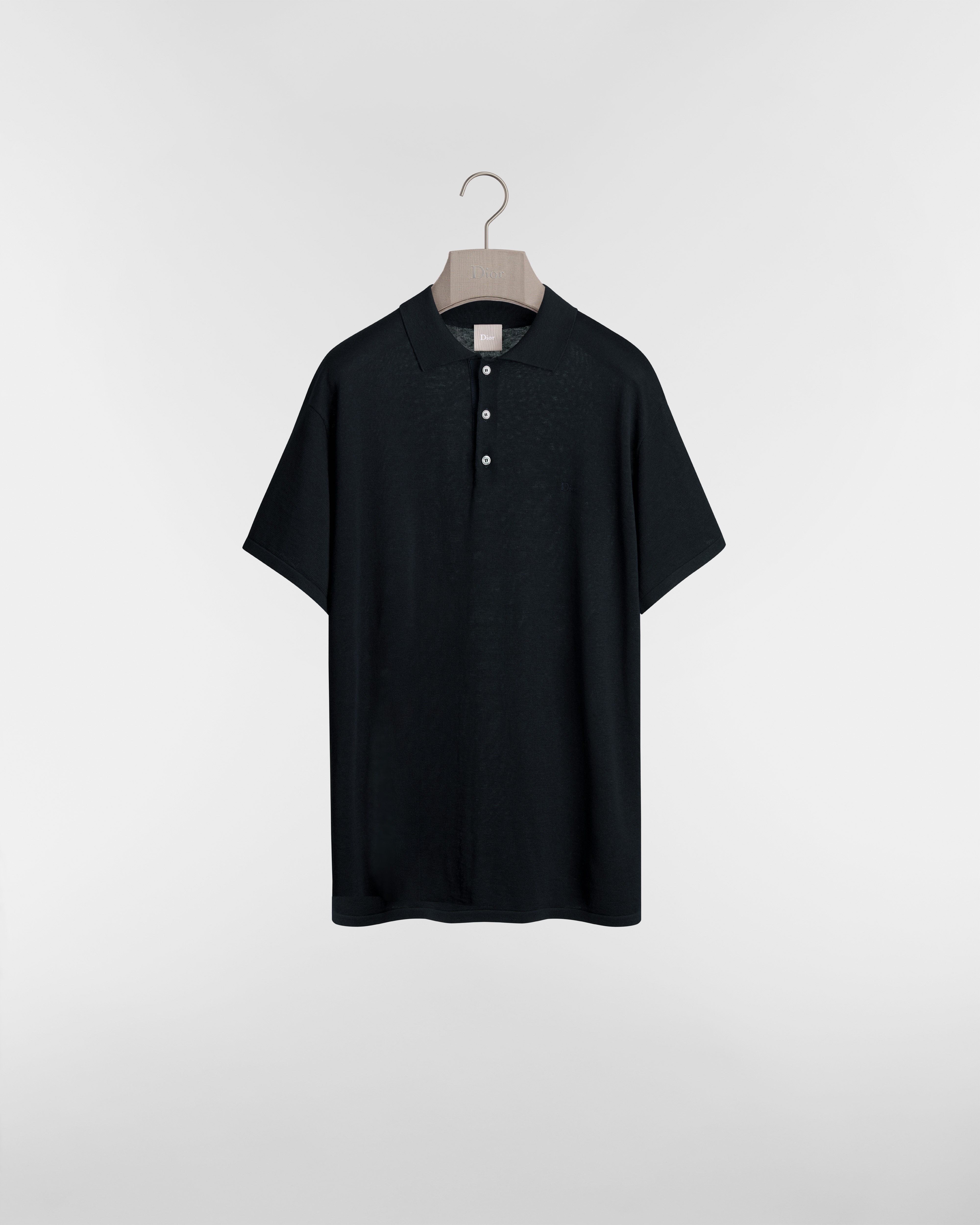 Polo con bordado Dior, corte regular Punto de lino y seda azul marino E01