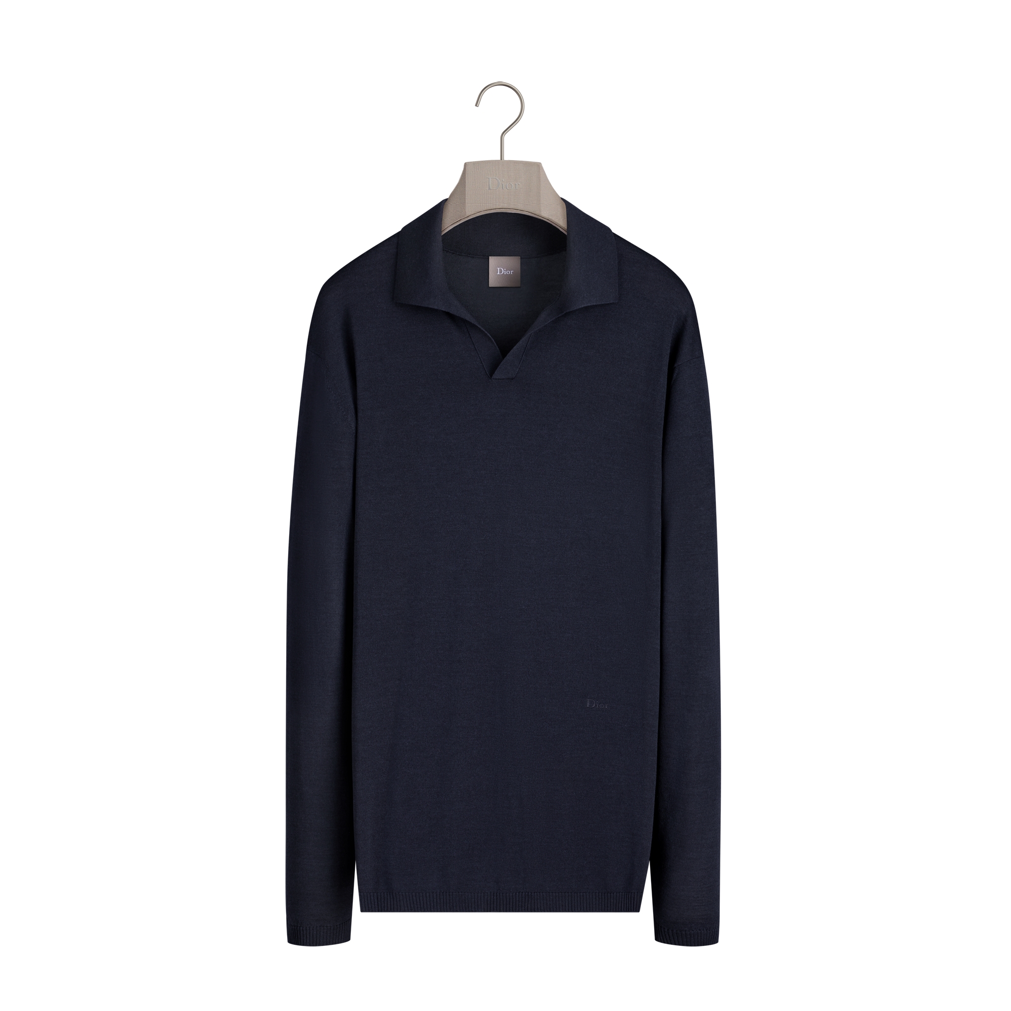 Long-Sleeved Polo Shirt, Regular Fit Blue Wool and Silk Jersey E01