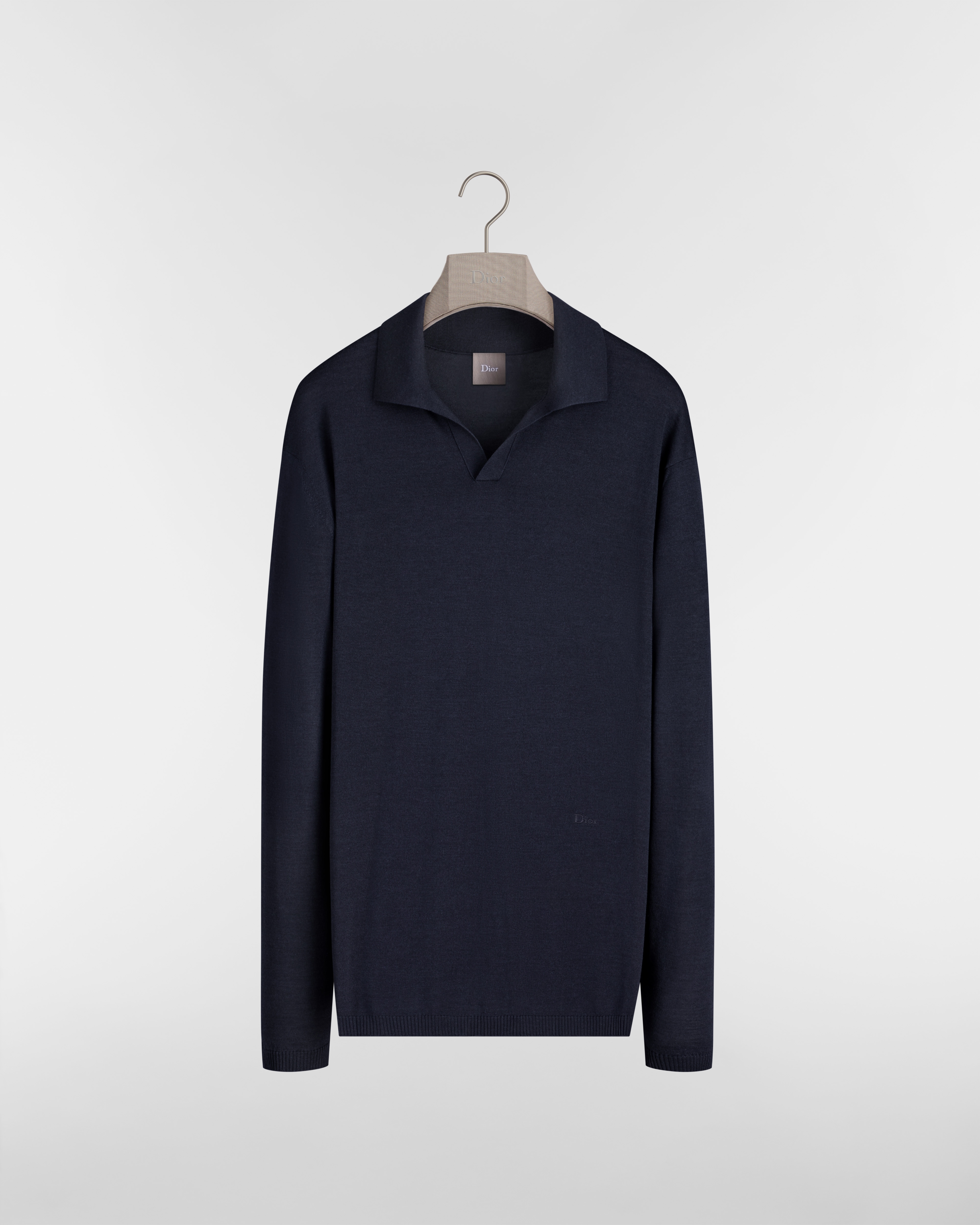 Long-Sleeved Polo Shirt, Regular Fit Blue Wool and Silk Jersey E01