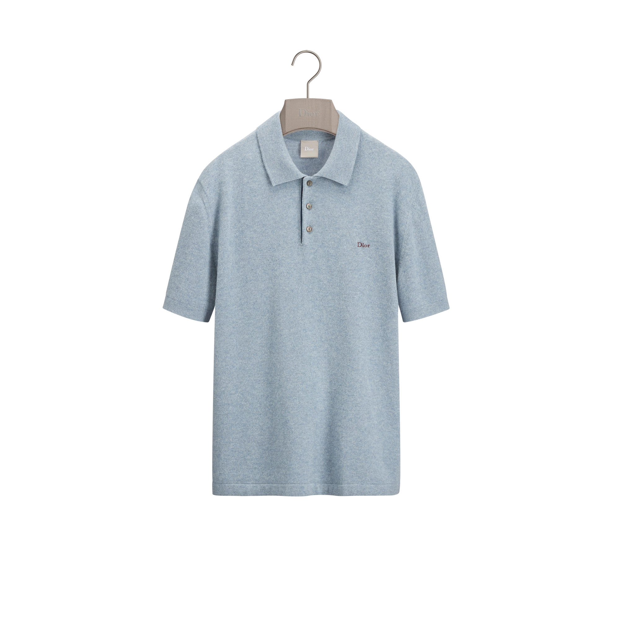 Polo Shirt with Dior Embroidery, Regular Fit Blue Cashmere and Cotton Knit E01