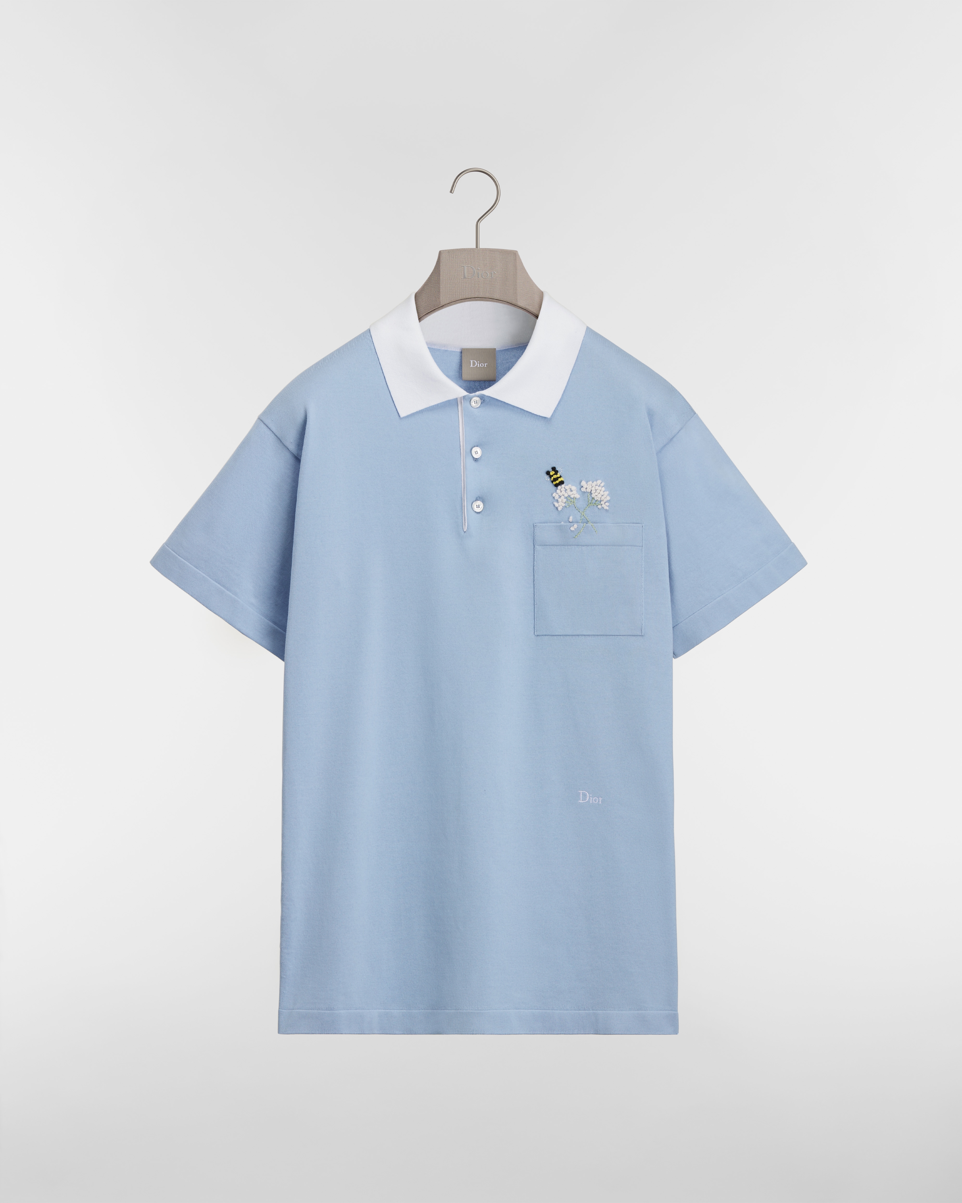 Dior Flower Bee Polo Shirt, Regular Fit Blue Cotton Knit E01