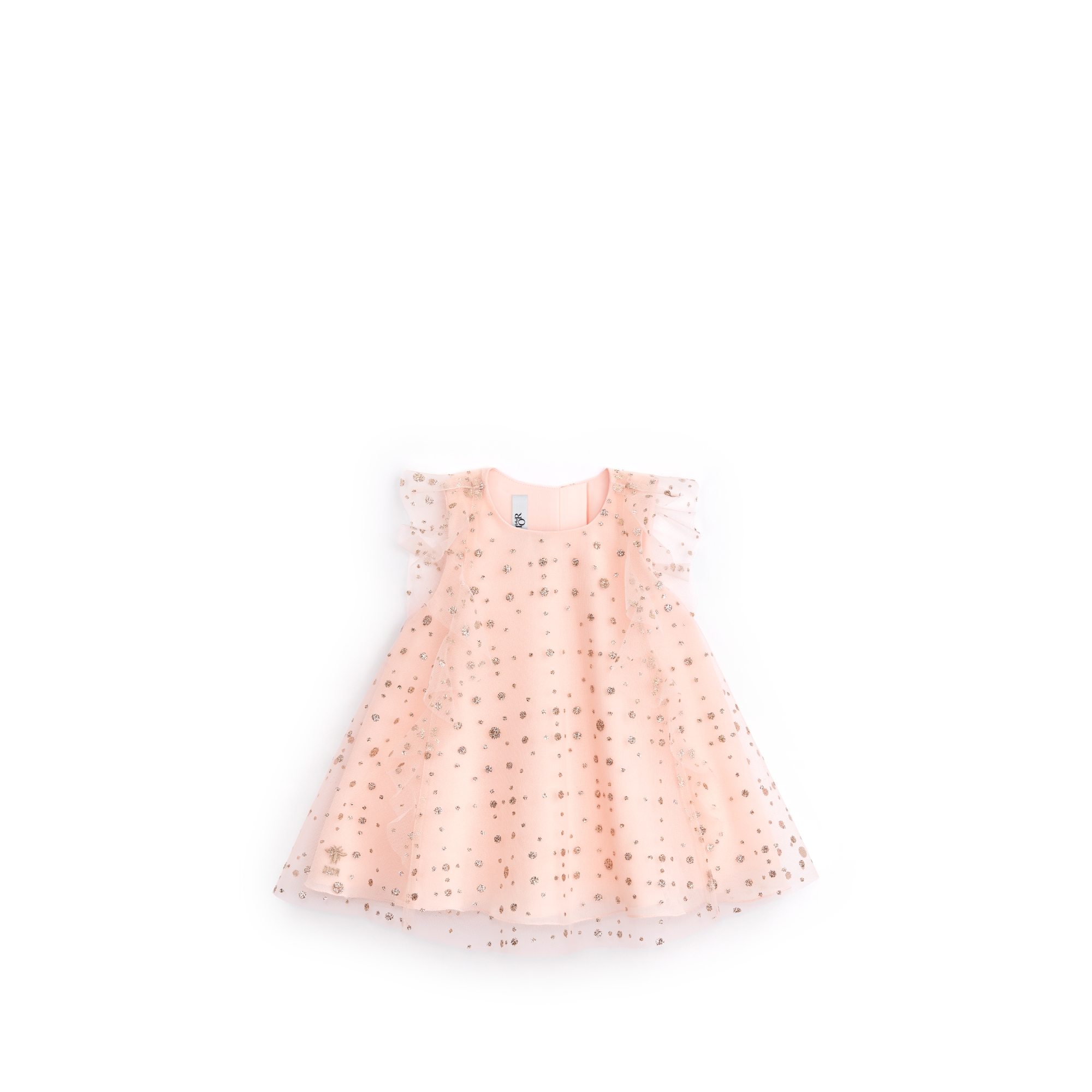 Baby Flared Dress Peach Blossom Pink Tulle with Gold-Tone Glitter Polka Dots E01