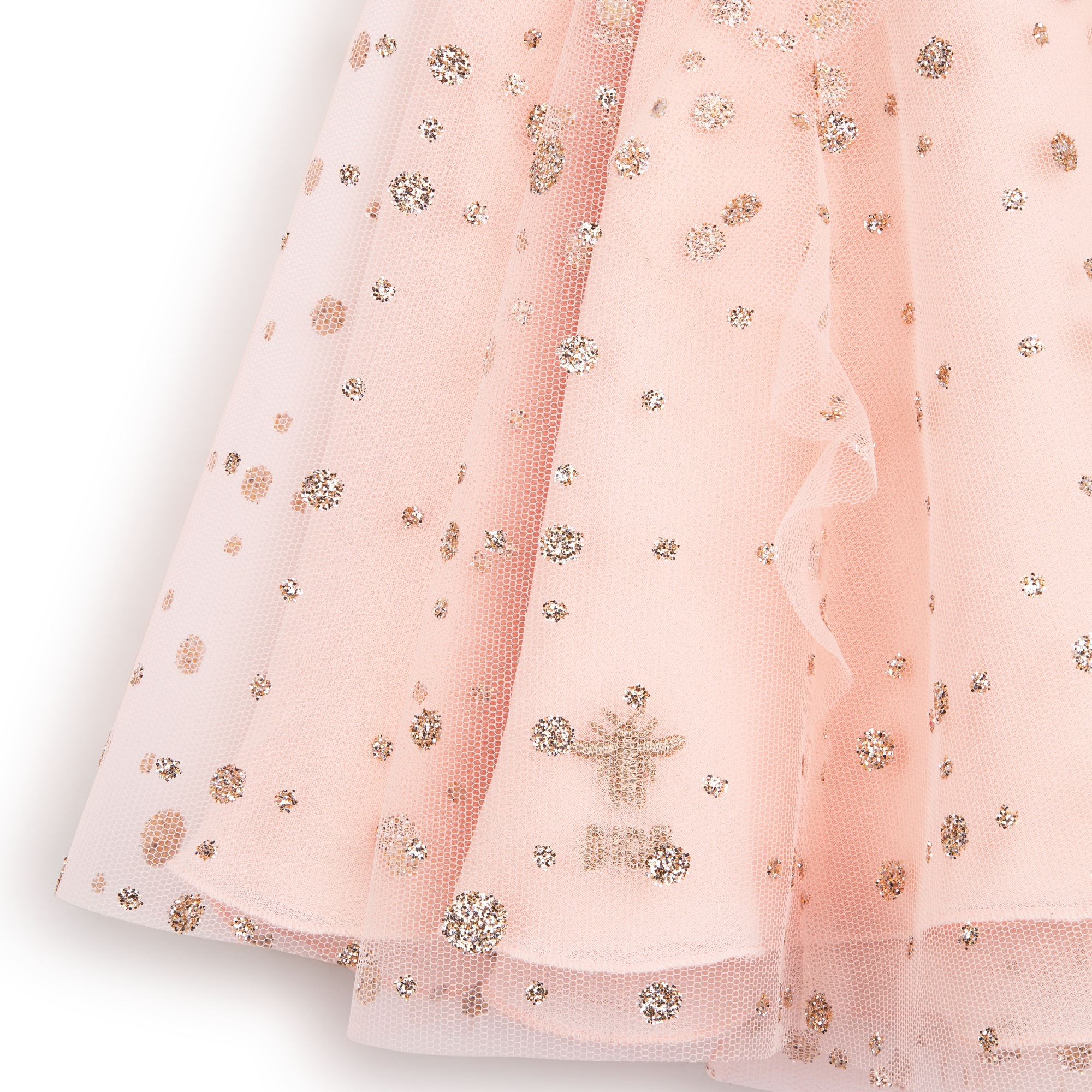 Baby Flared Dress Peach Blossom Pink Tulle with Gold-Tone Glitter Polka Dots E09