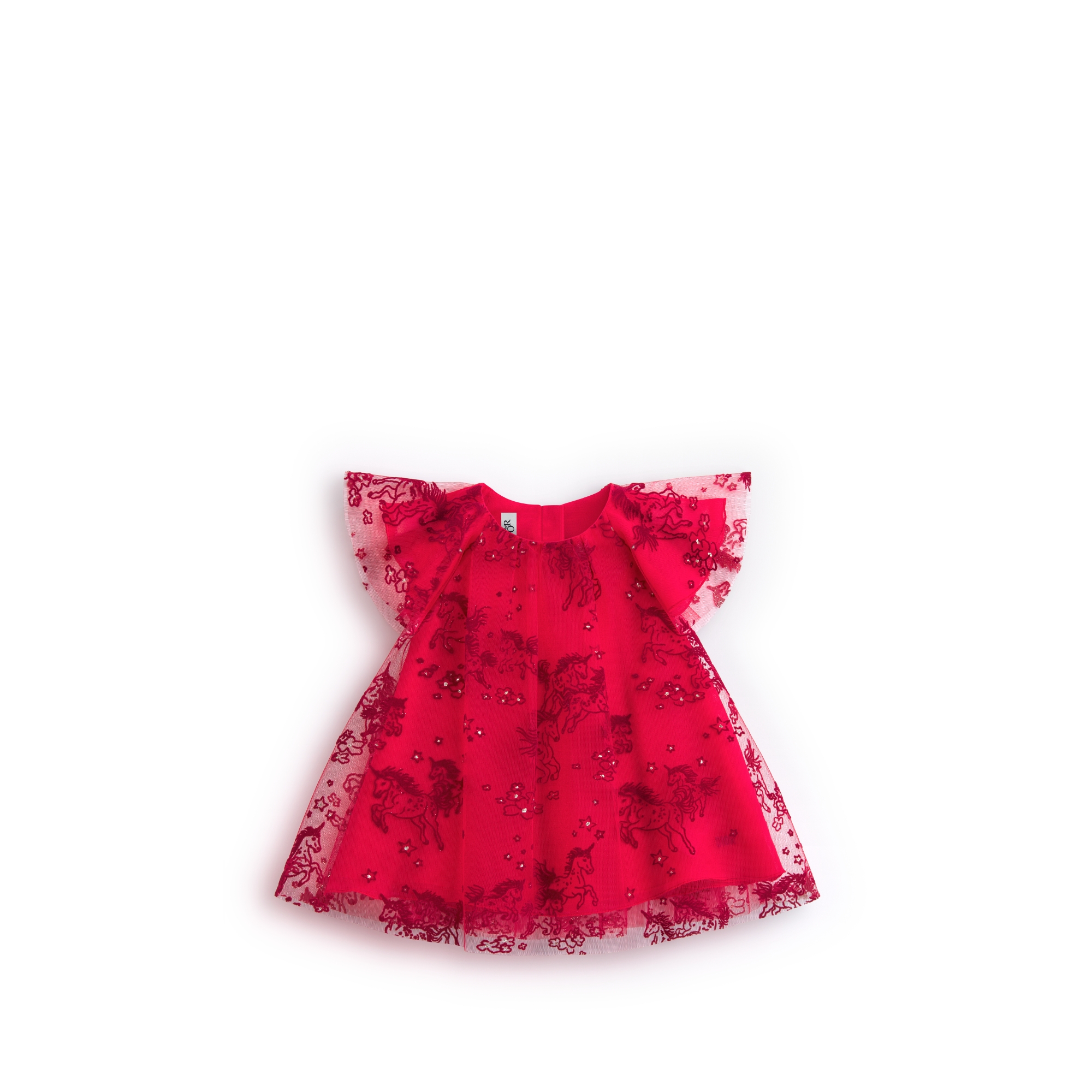 Baby Flared Dress Red Tulle with Deep Red and Gold-Tone Unicorn Motif E01