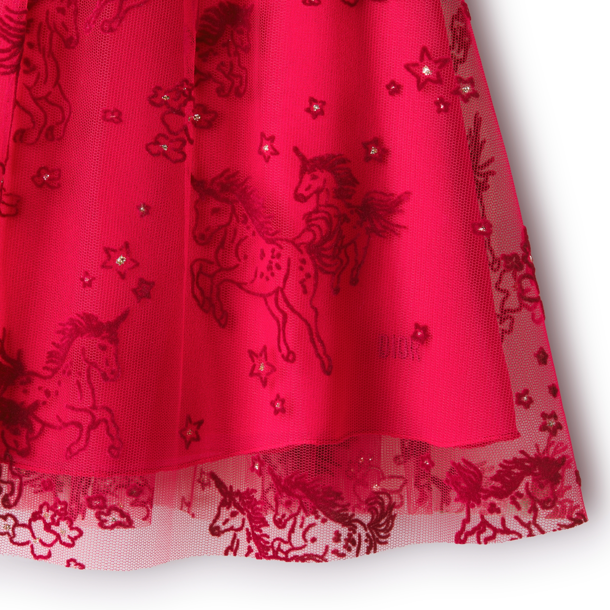 Baby Flared Dress Red Tulle with Deep Red and Gold-Tone Unicorn Motif E09